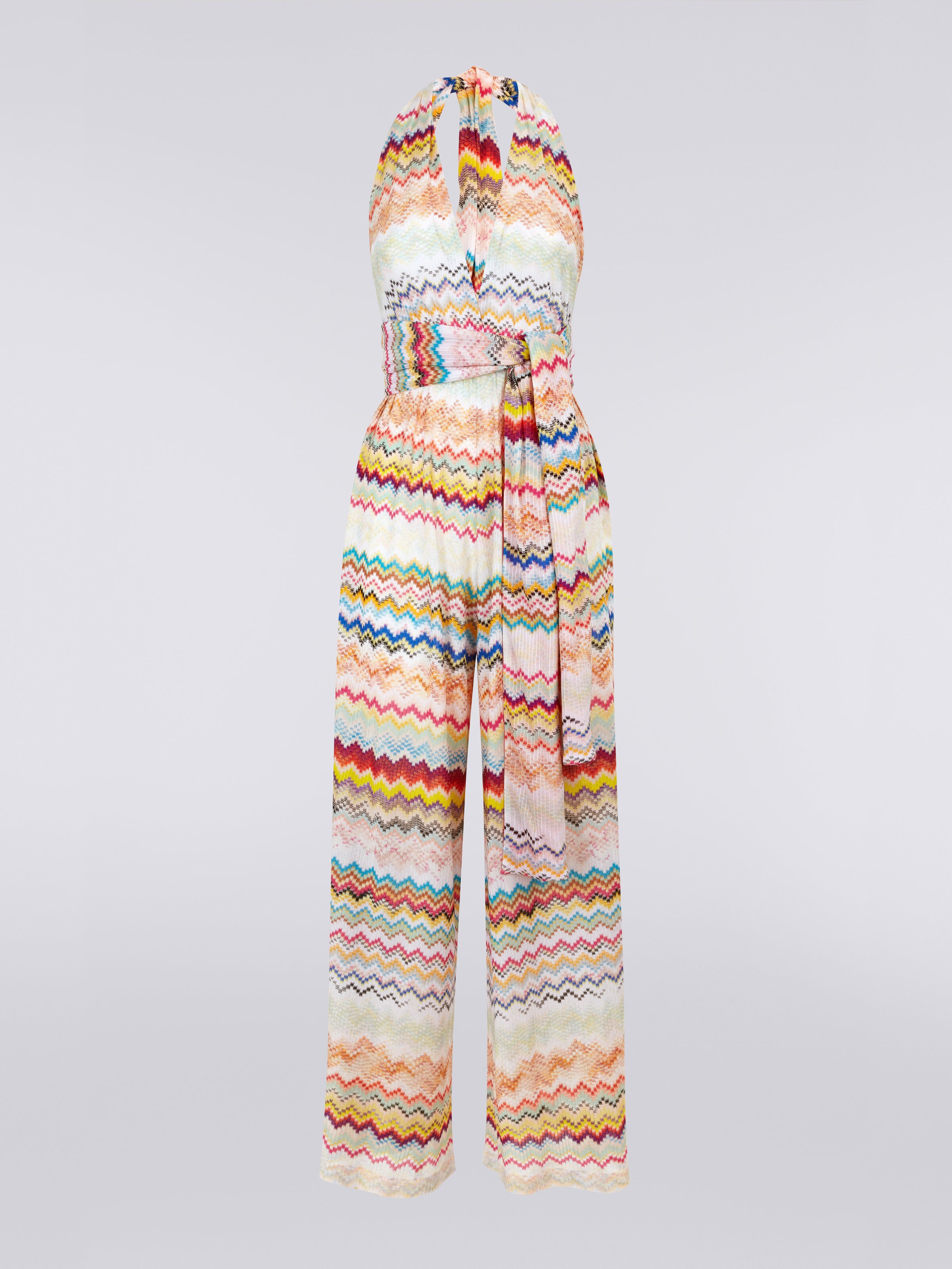 Langer Jumpsuit aus mehrfarbigem Viskosestrick mit 3D-Effekt, Mehrfarbig  - 0
