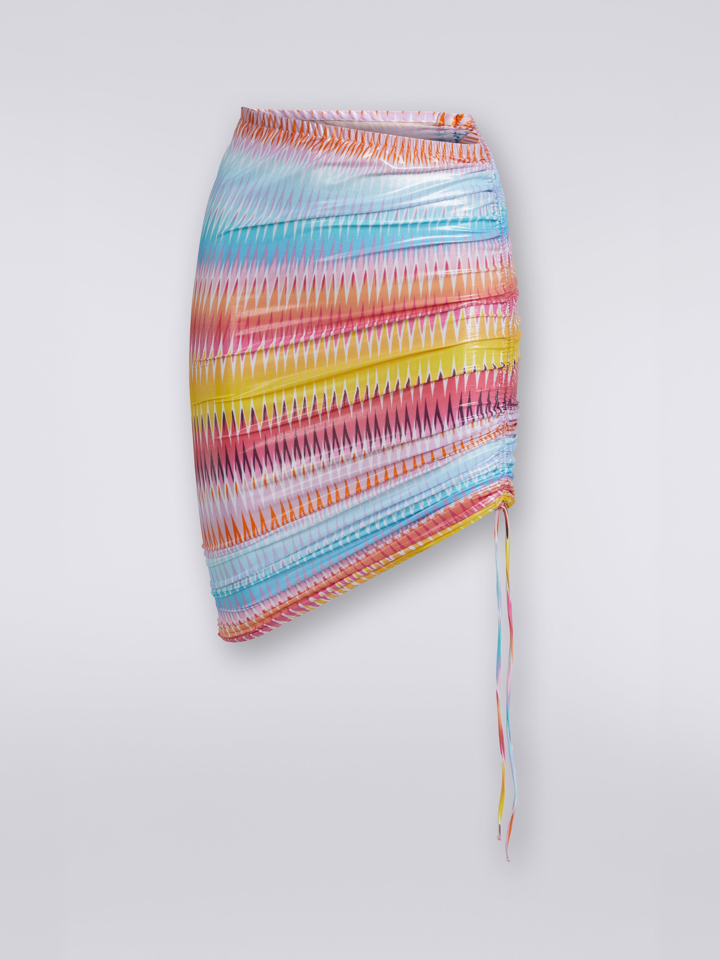 Multicoloured stretch fabric miniskirt with side gathers, Multicoloured  - 0