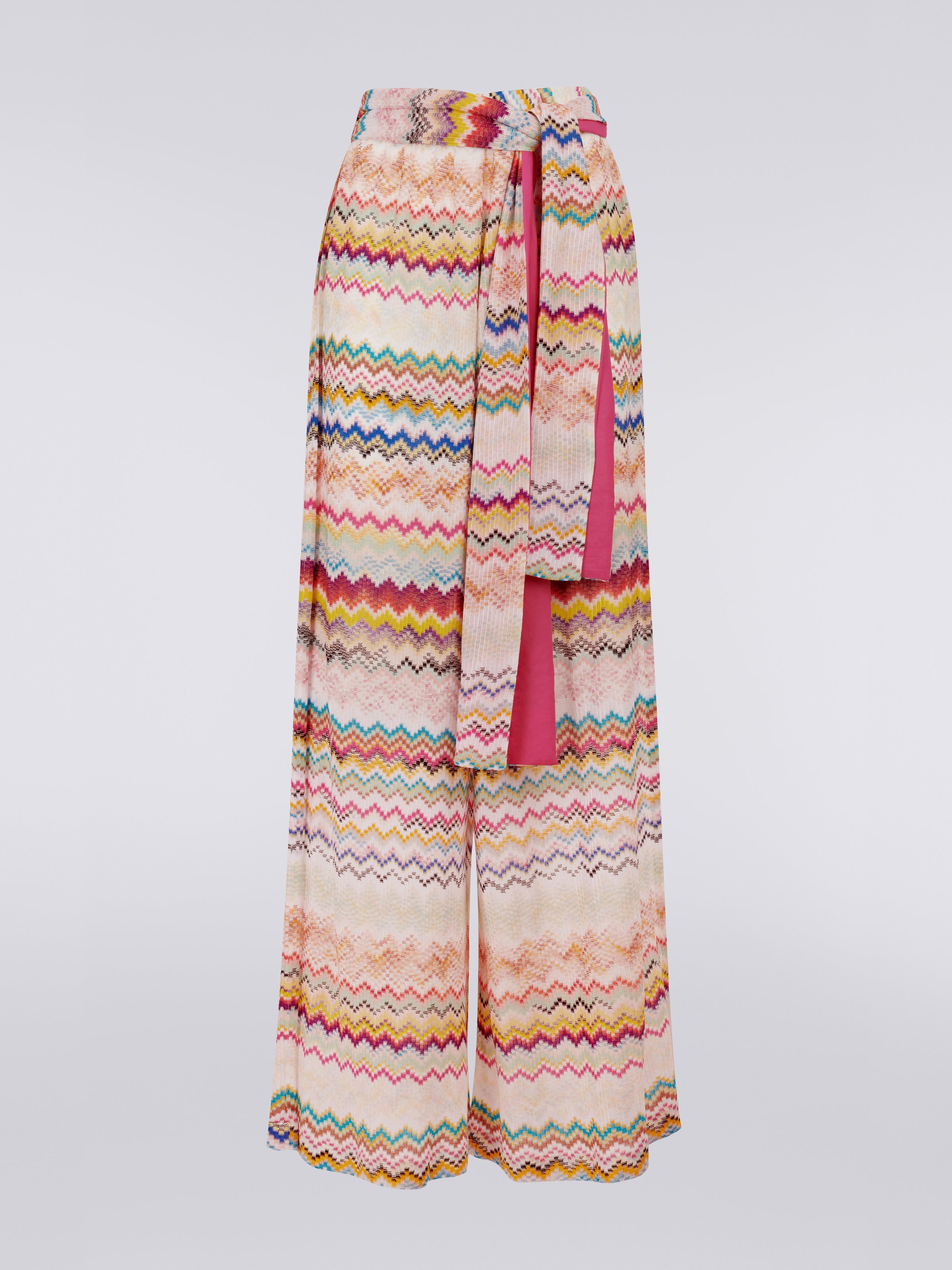 3D effect viscose trousers with sash waistband, Multicoloured - 0