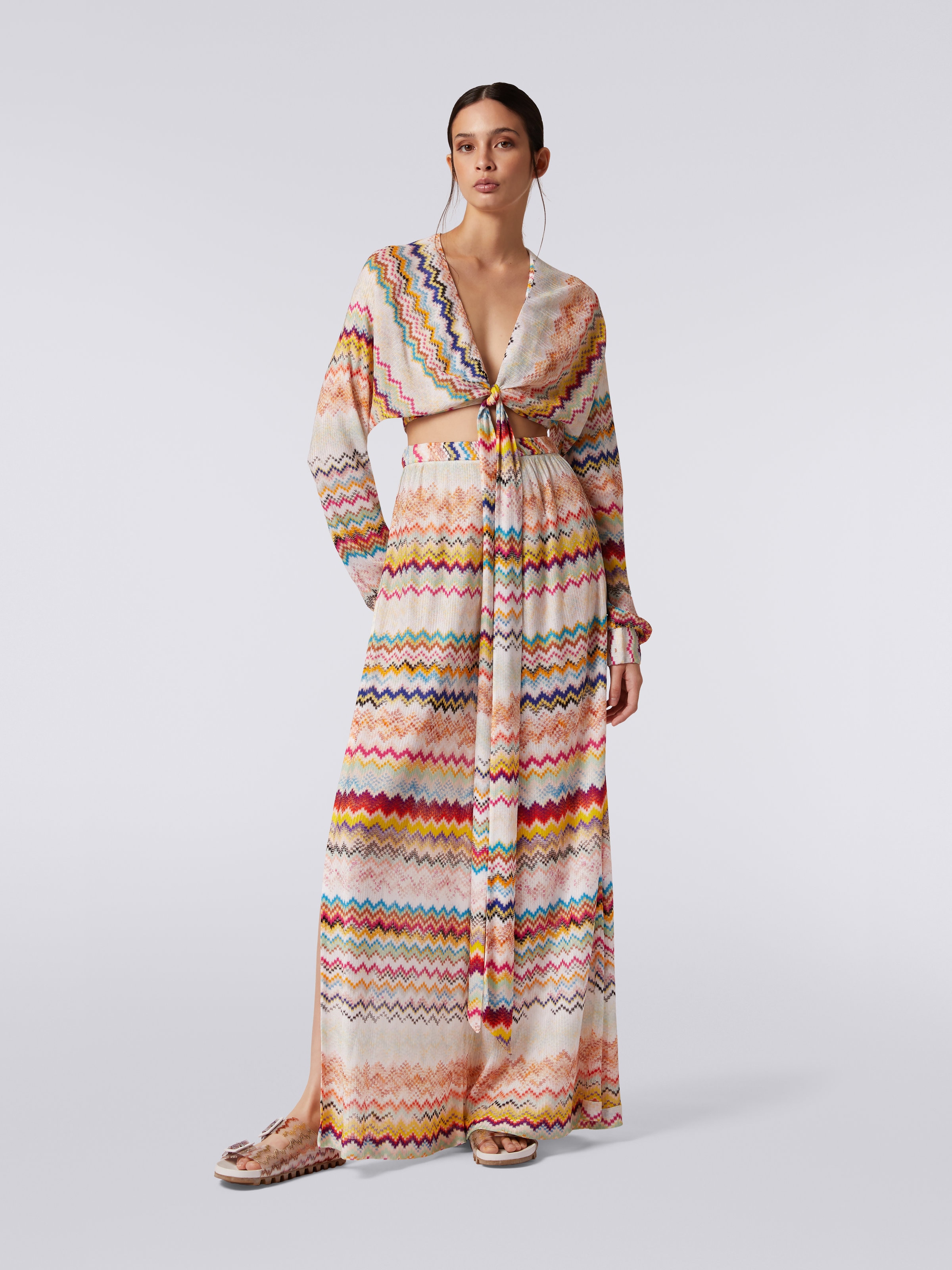 3D effect viscose trousers with sash waistband, Multicoloured - 1