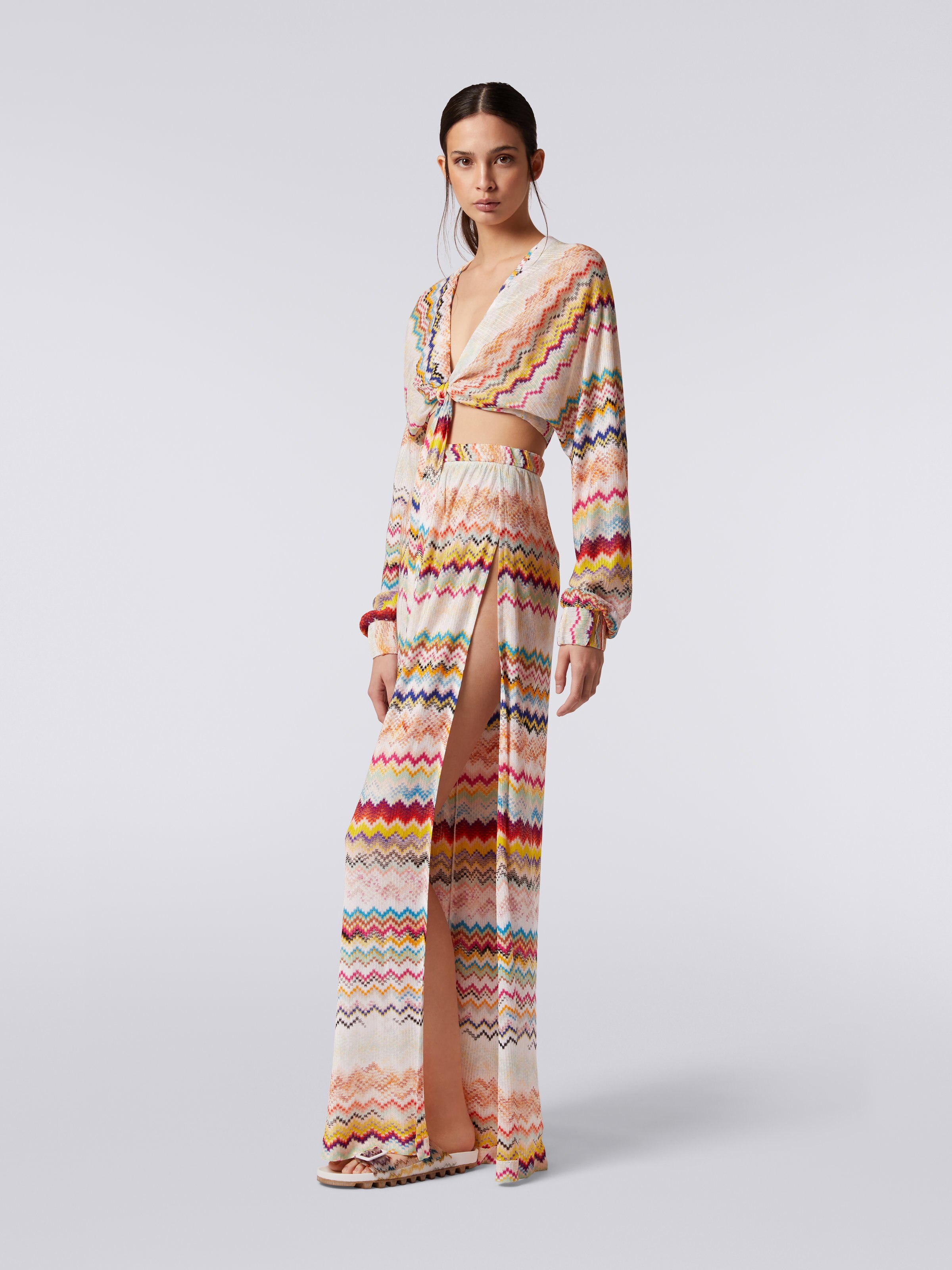 3D effect viscose trousers with sash waistband, Multicoloured - 2