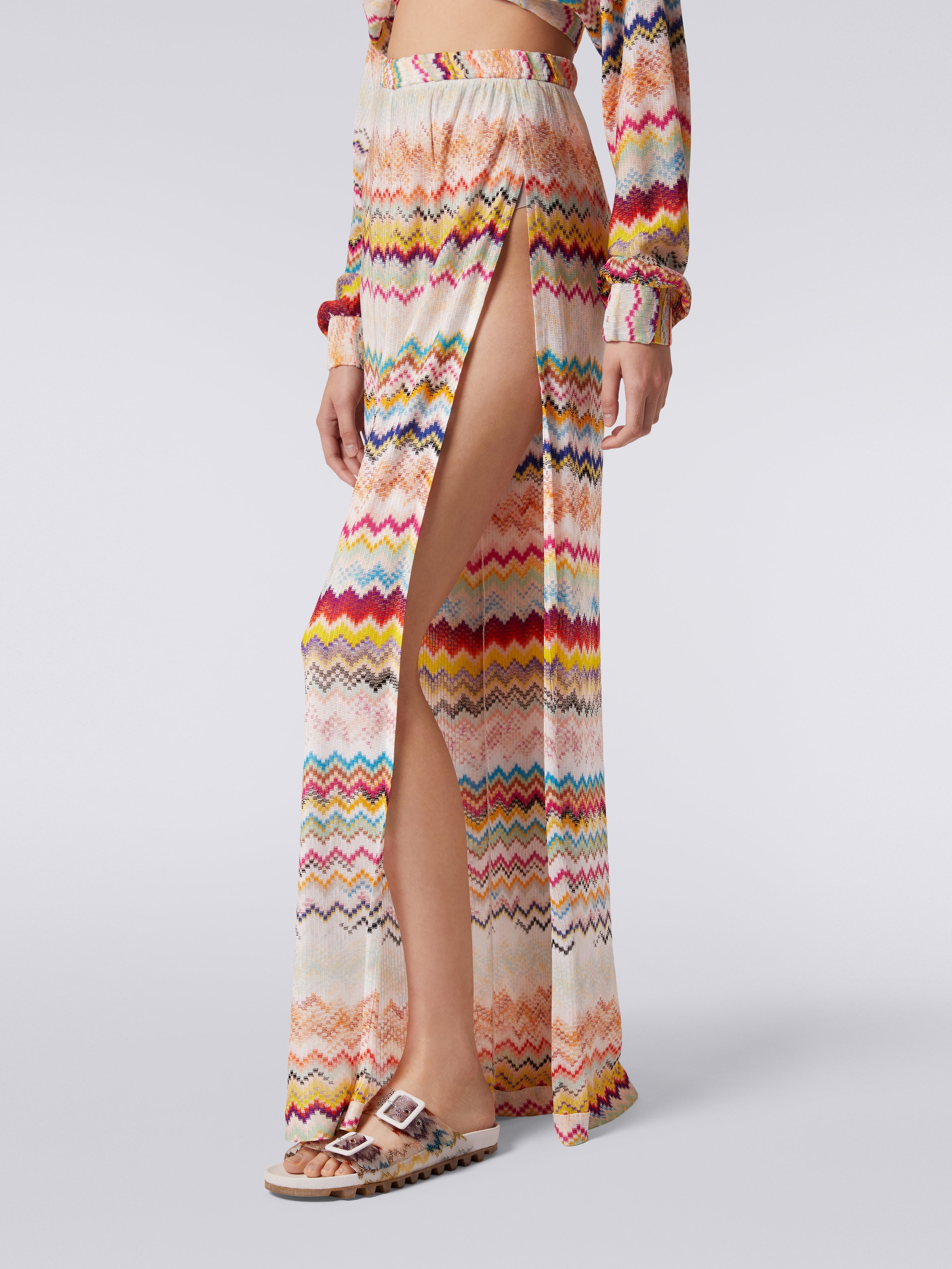 3D effect viscose trousers with sash waistband, Multicoloured - 4