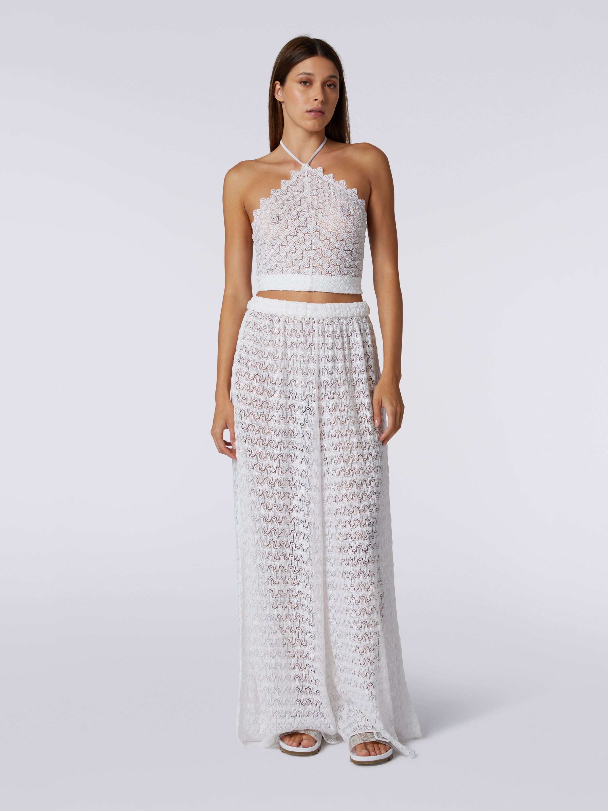 American neckline top in lace-effect knit with lurex, White  - 1