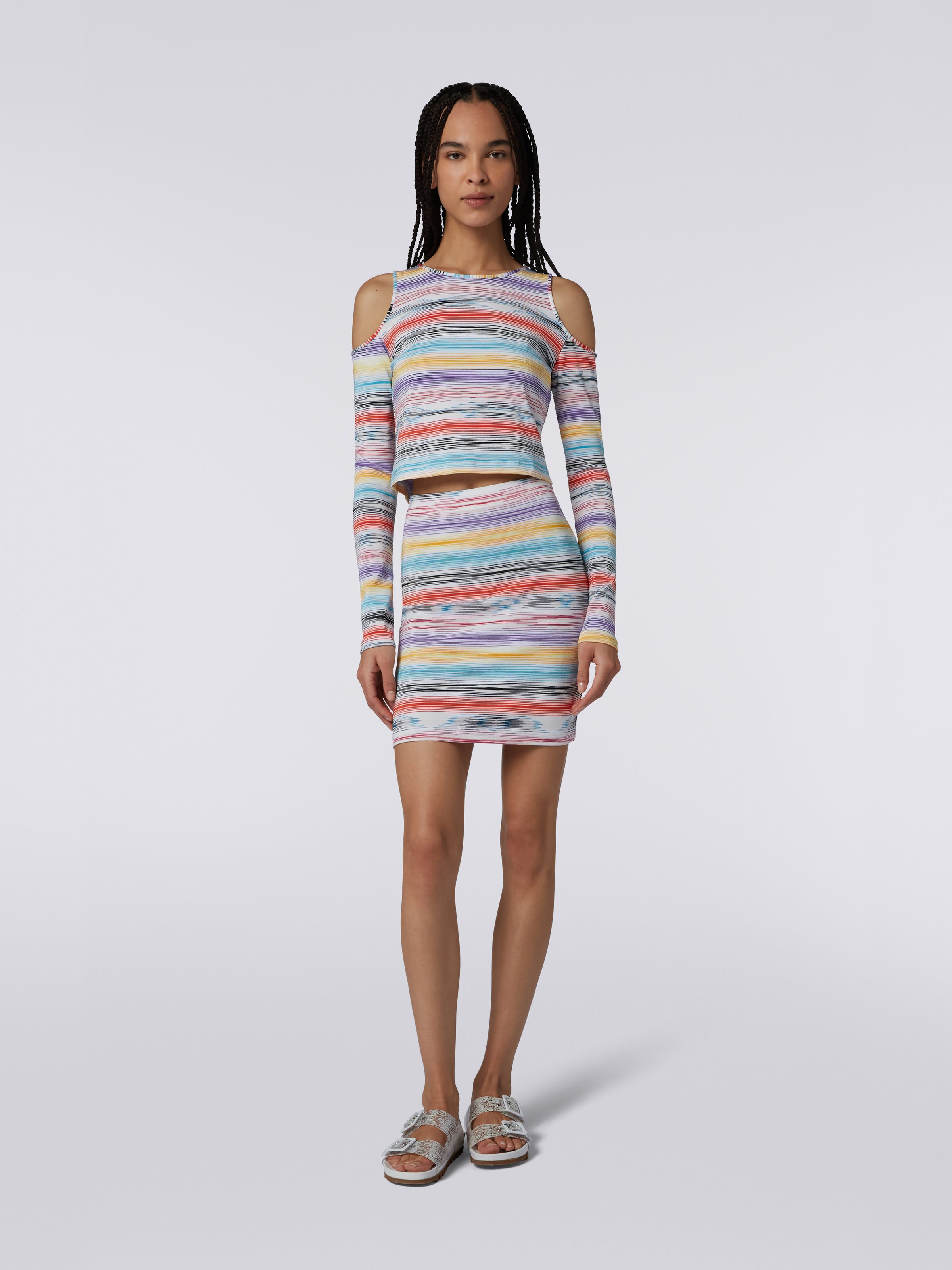 Camiseta de manga larga en algodón y viscosa a rayas, Multicolor  - 1