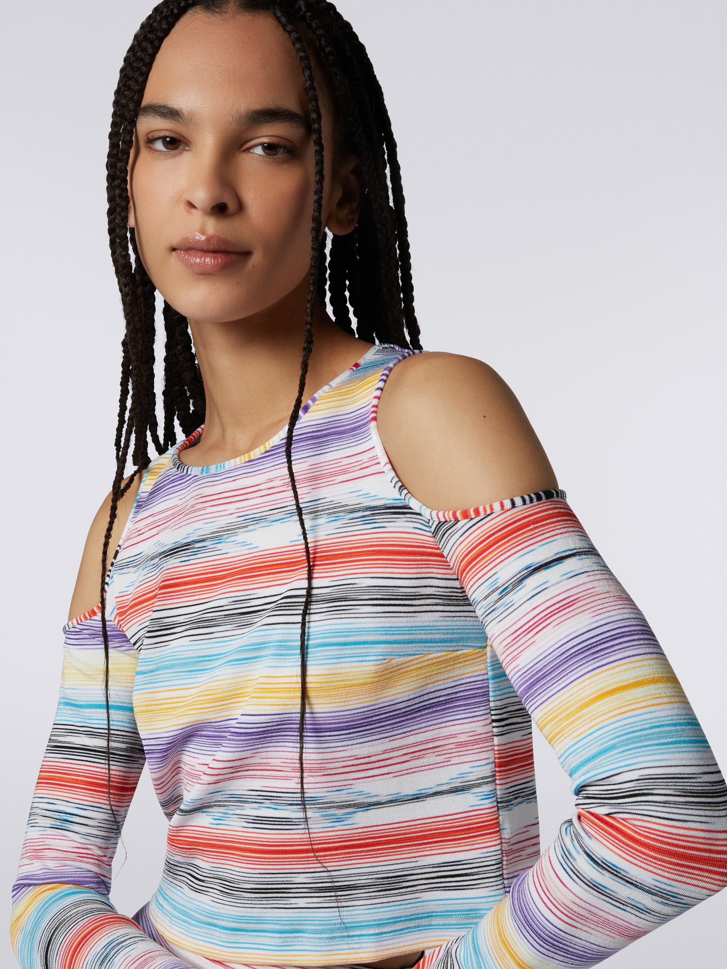 Camiseta de manga larga en algodón y viscosa a rayas, Multicolor  - 4