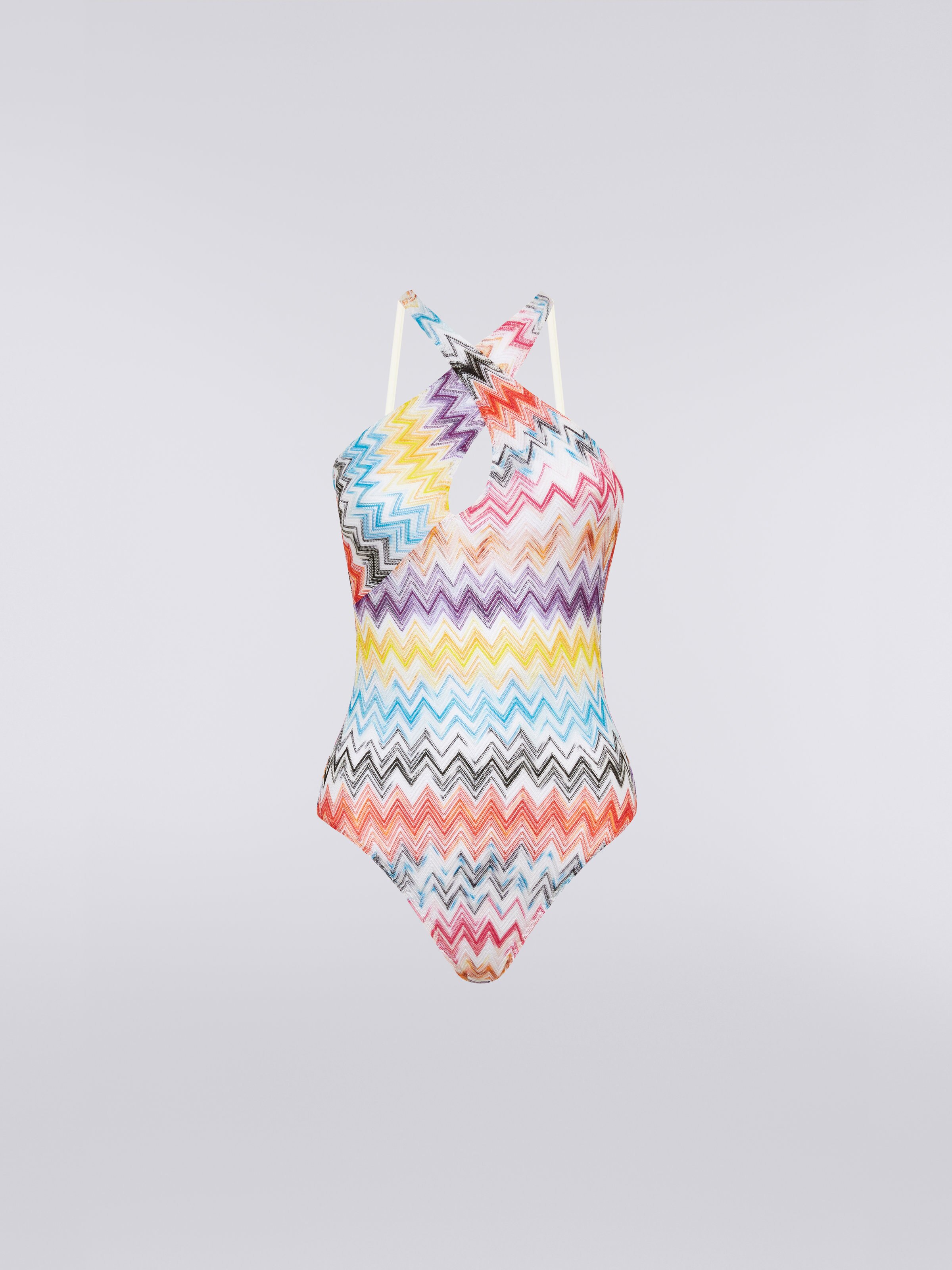 One-piece swimming costume with crossover neckline, Multicoloured - 0