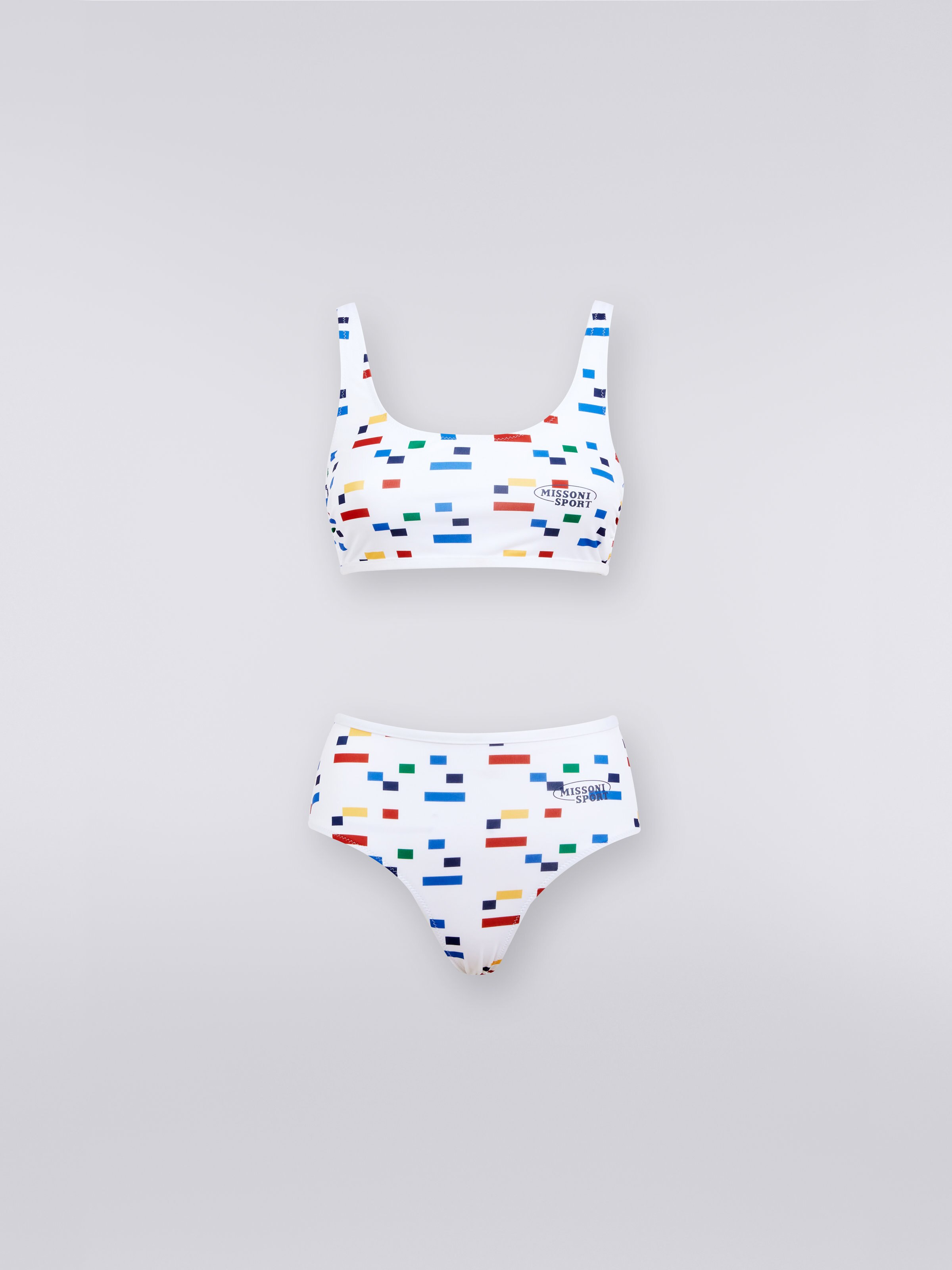 Sporty bikini in technical stretch fabric with pixel print, White & Multicoloured Heritage - 0