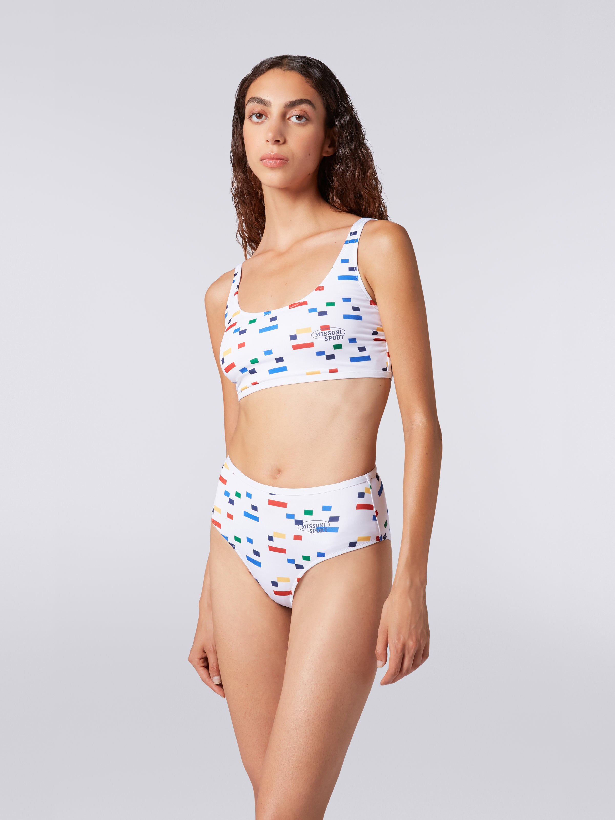 Bikini sportif en tissu technique extensible avec impression pixel, Blanc & Multicolore Heritage - 1
