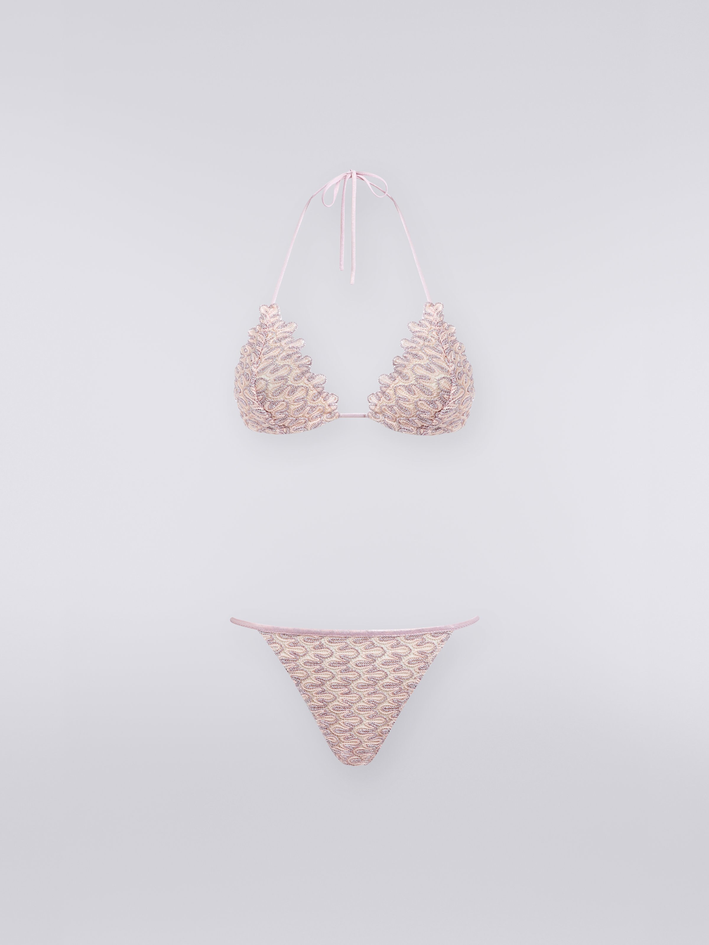 Bikini in maglia effetto pizzo con lurex e bordi smerlati, Rosa   - 0