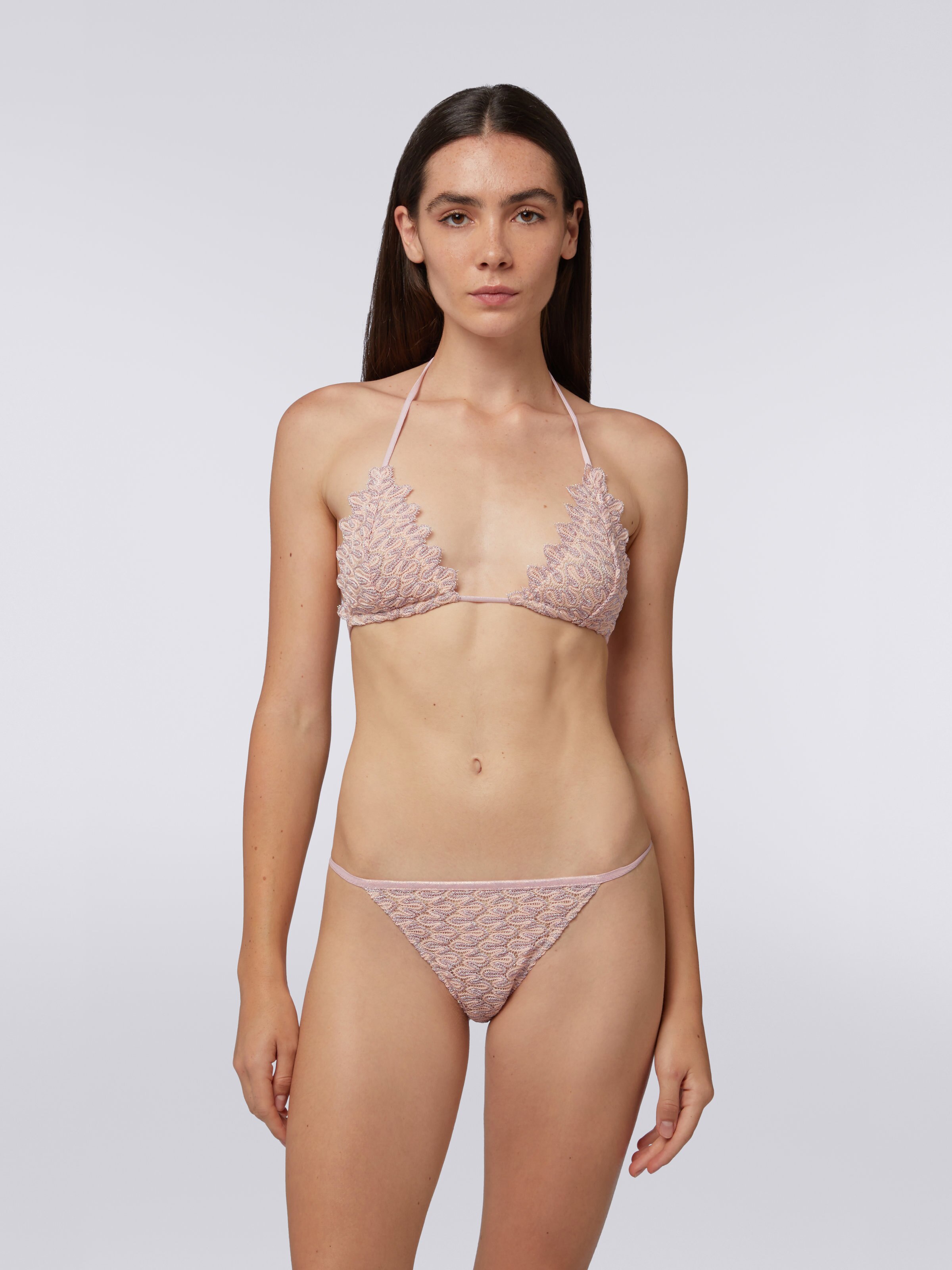 Bikini in maglia effetto pizzo con lurex e bordi smerlati, Rosa   - 1