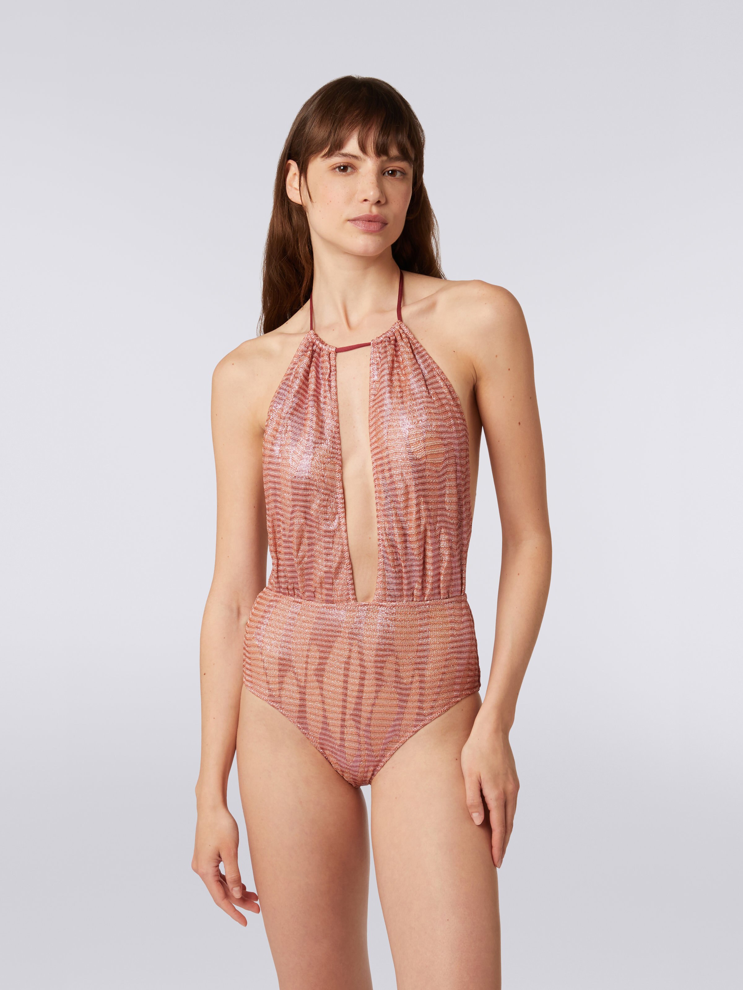 Maillot de bain une pièce en maille de viscose jacquard, Rose - 1