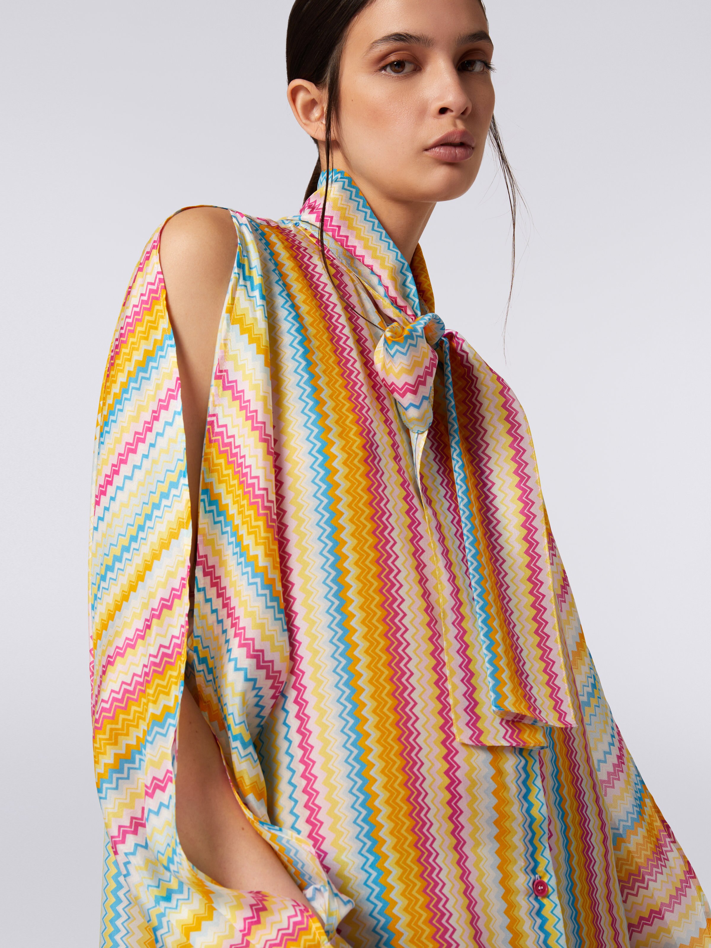 Long habutai silk cover up with sash collar, Multicoloured - 4