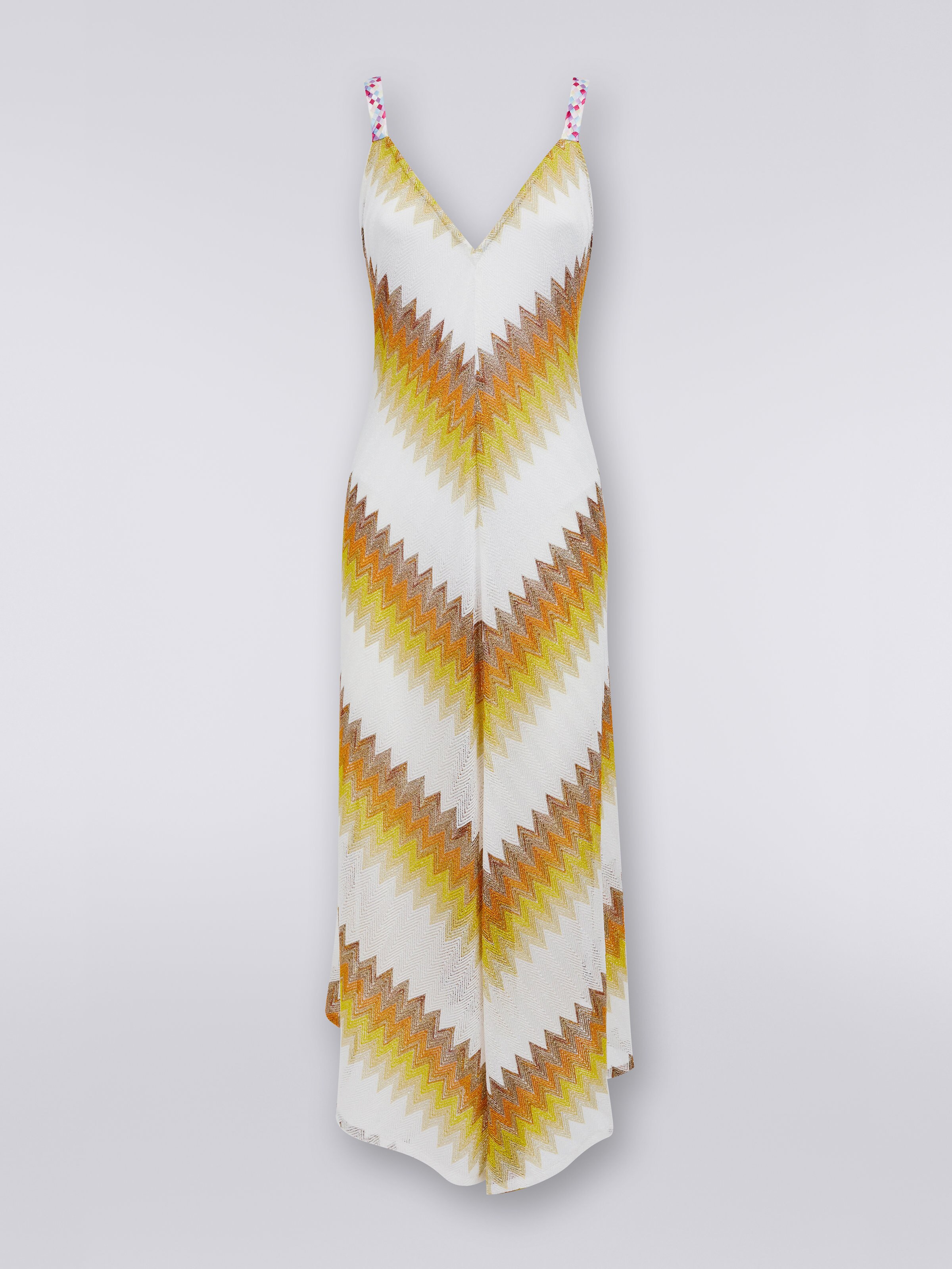 Long cover up with braided ribbon straps, White, Yellow & Ochre - 0