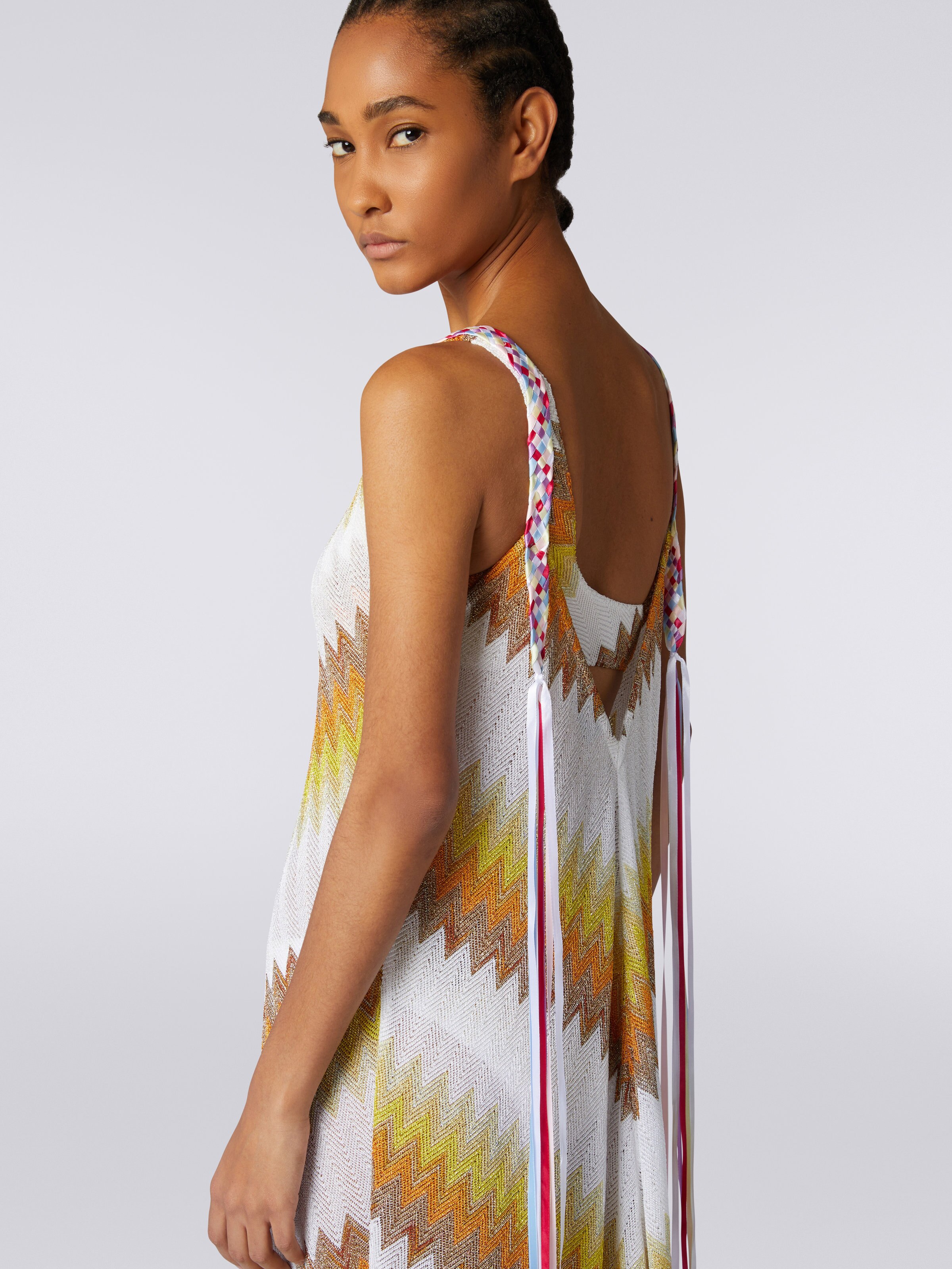 Long cover up with braided ribbon straps, White, Yellow & Ochre - 4