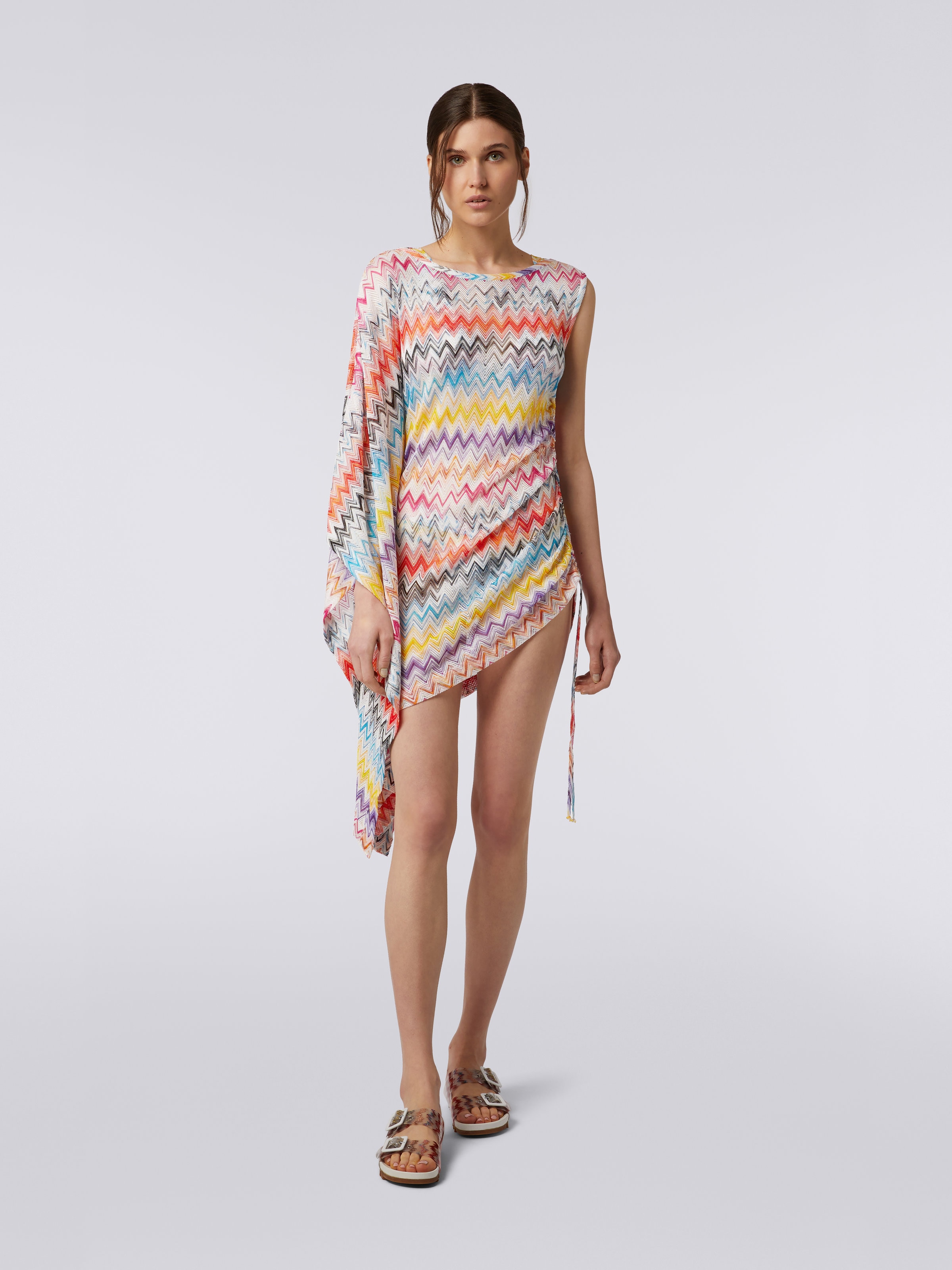 Short asymmetrical zigzag print cover up with draping, Multicoloured - 1