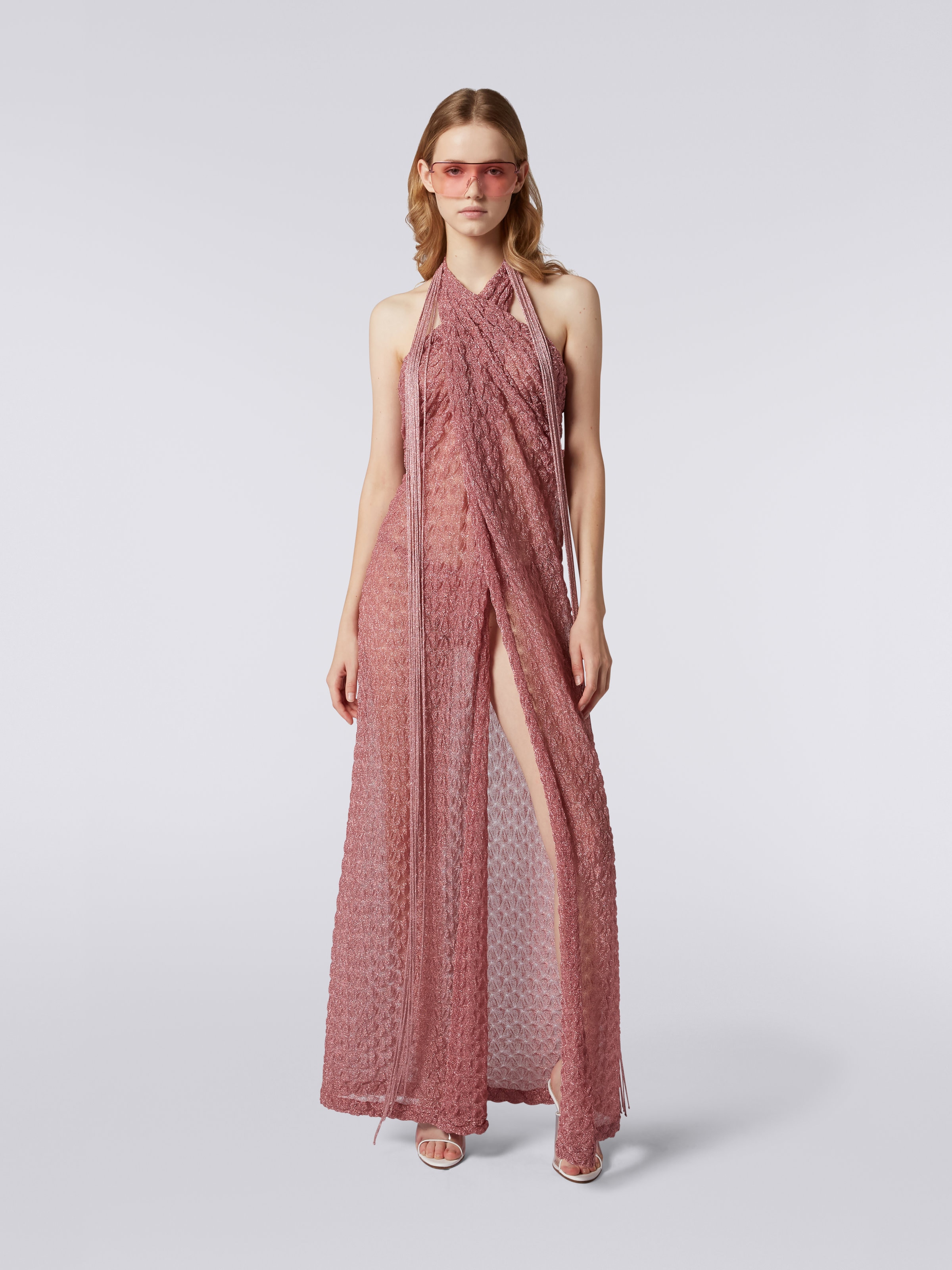 Long lace-effect sarong cover up with lamé, Pink Lamé - 1