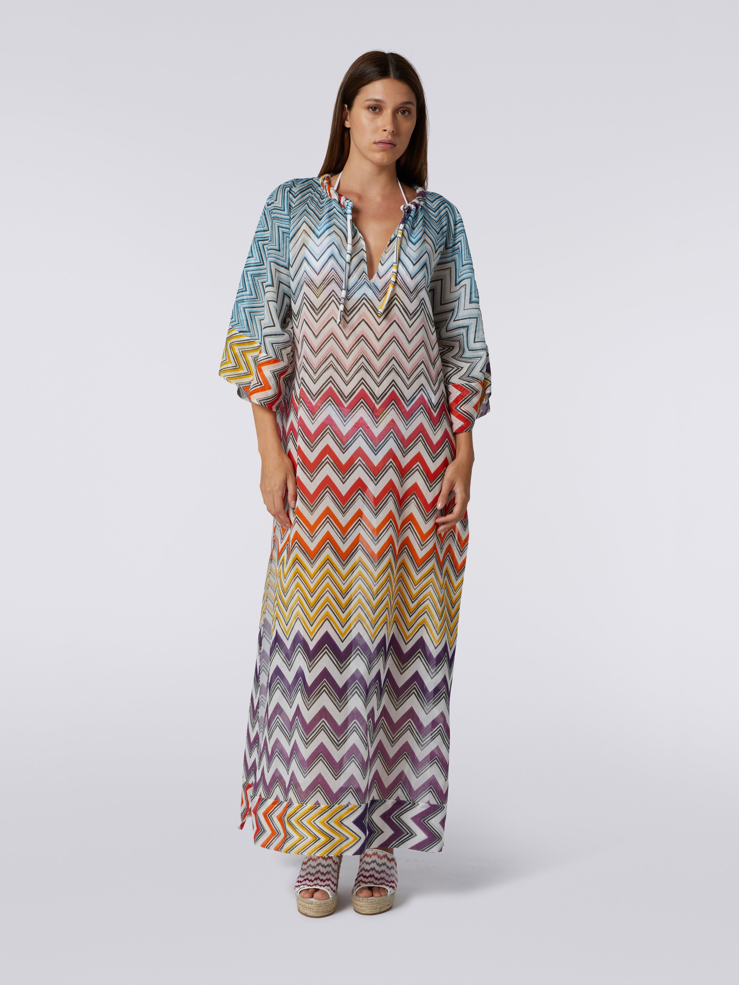 Copricostume lungo in cotone e seta stampa zig zag, Multicolore - 1