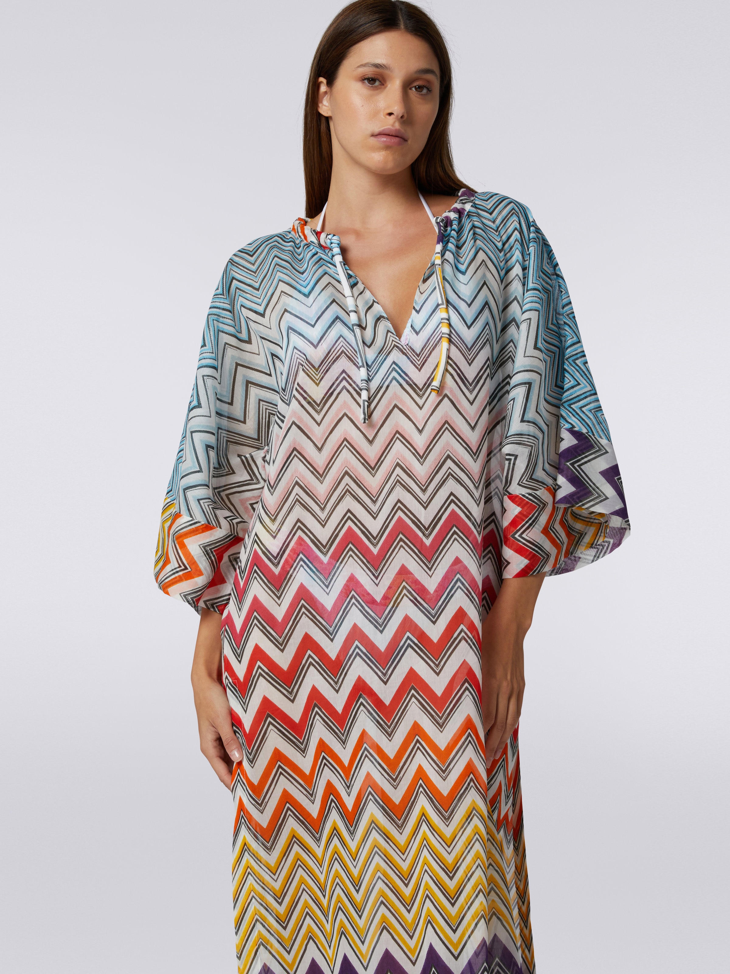 Copricostume lungo in cotone e seta stampa zig zag, Multicolore - 4