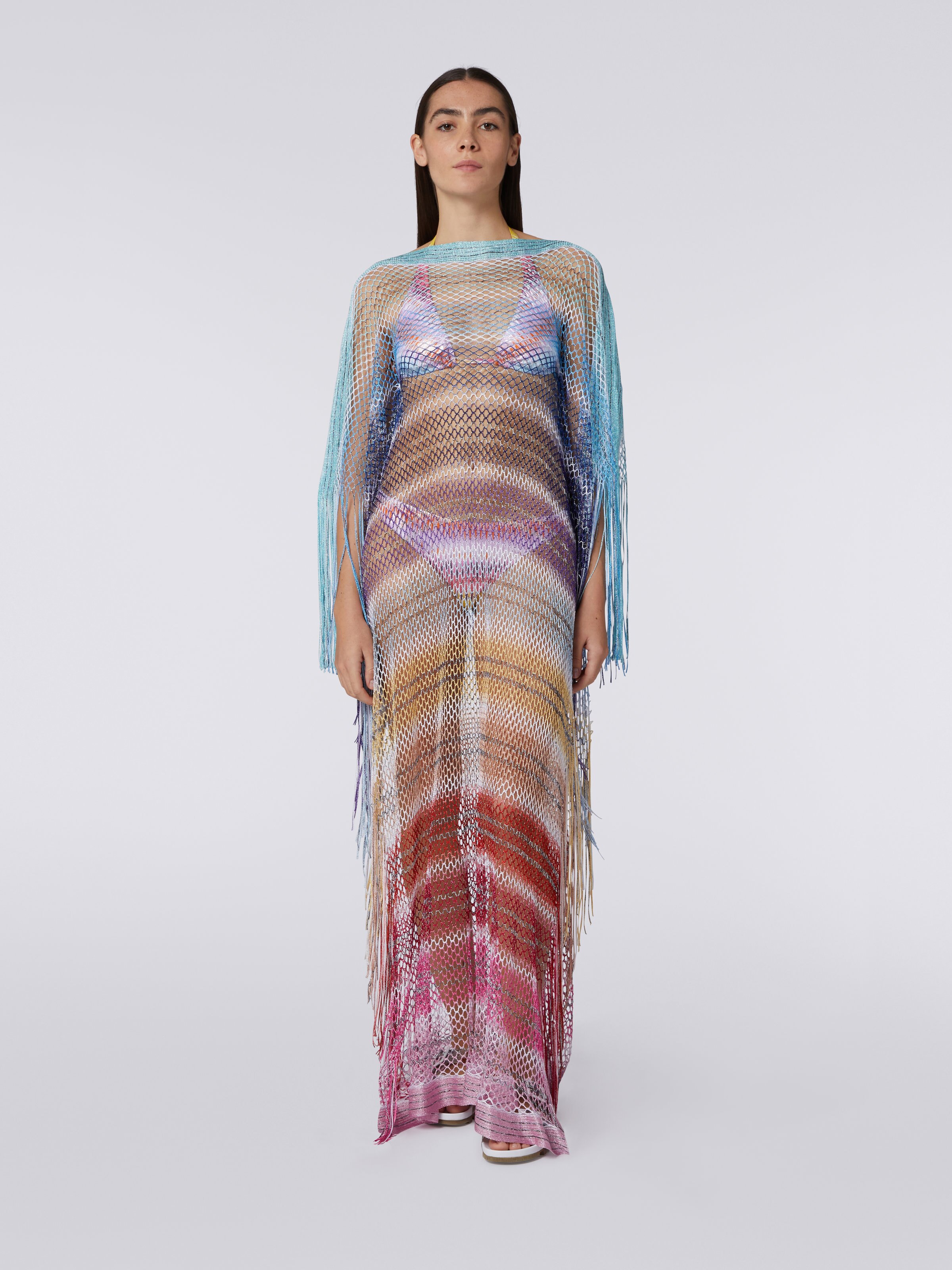 Long mesh cover up with elbow-length sleeves and fringes, White  - 1