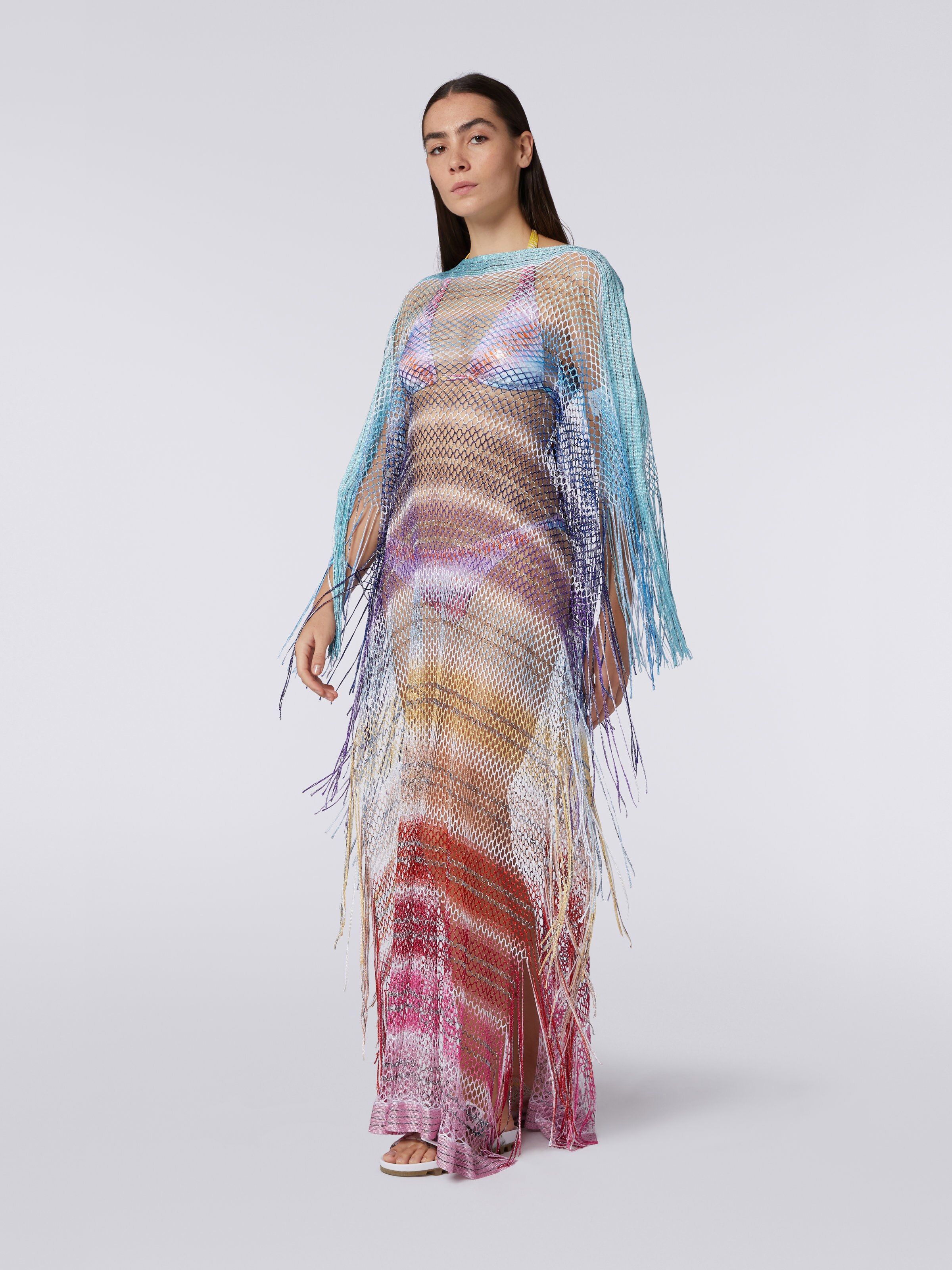 Long mesh cover up with elbow-length sleeves and fringes, White  - 2