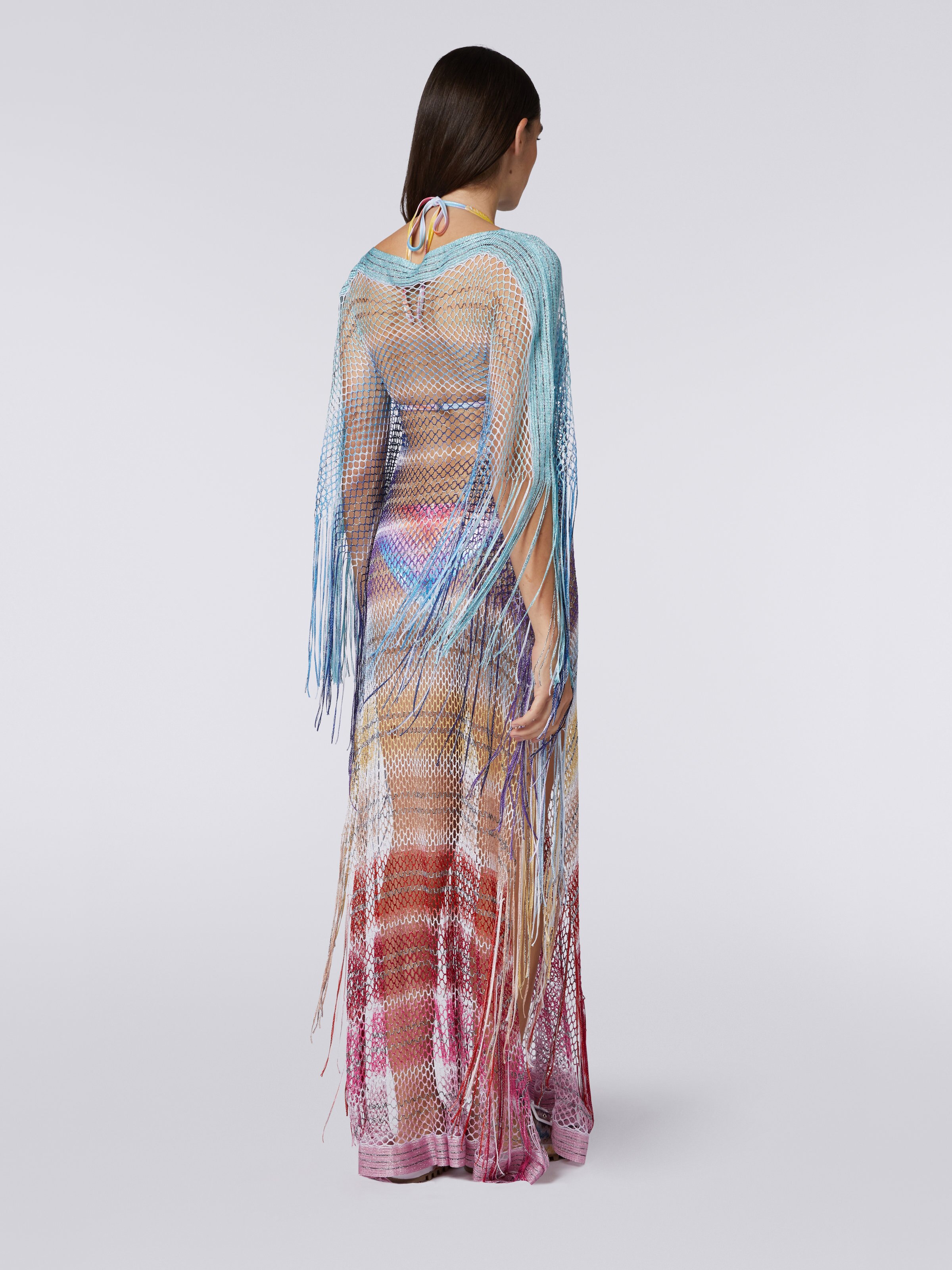 Long mesh cover up with elbow-length sleeves and fringes, White  - 3