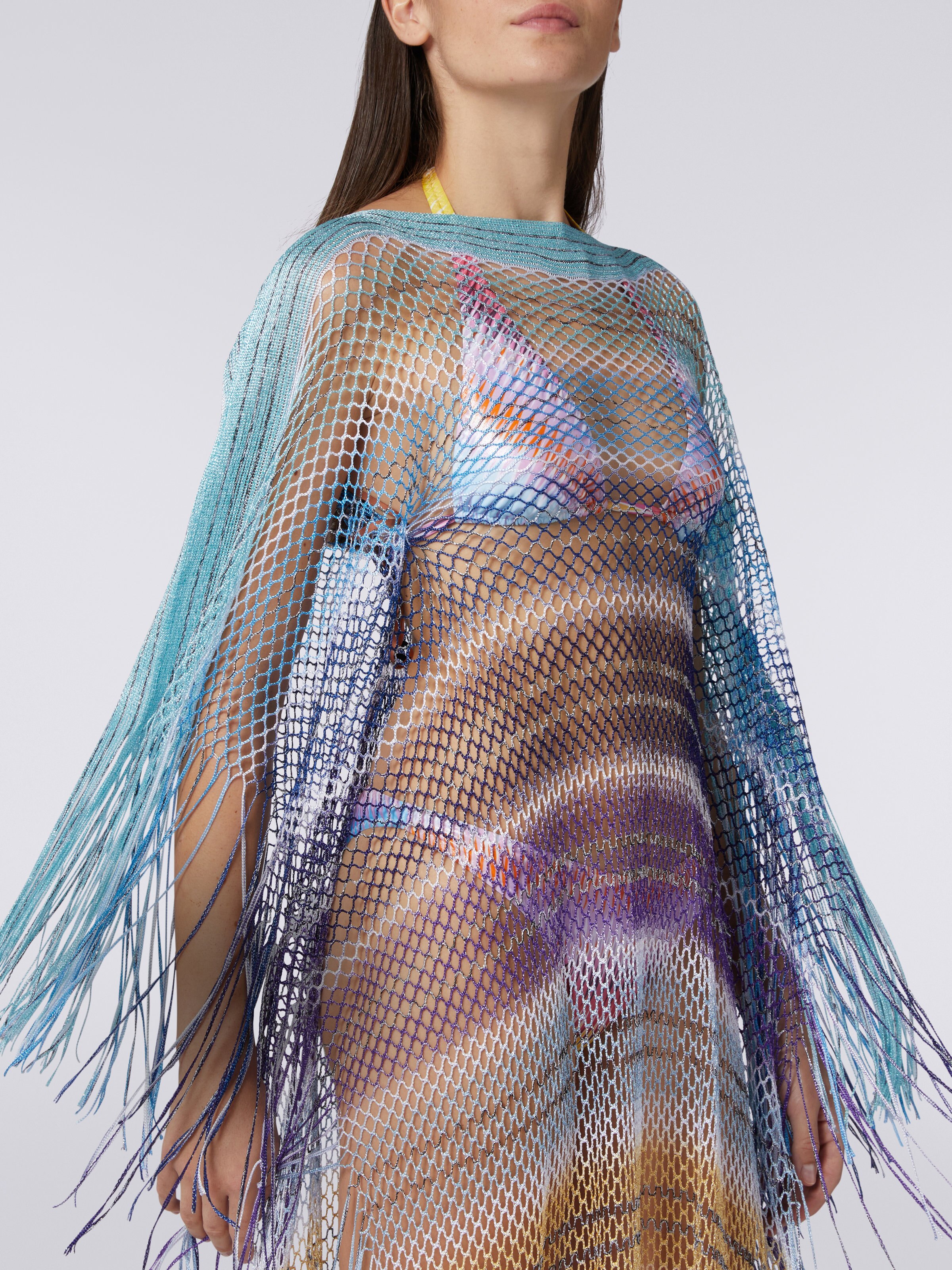 Long mesh cover up with elbow-length sleeves and fringes, White  - 4