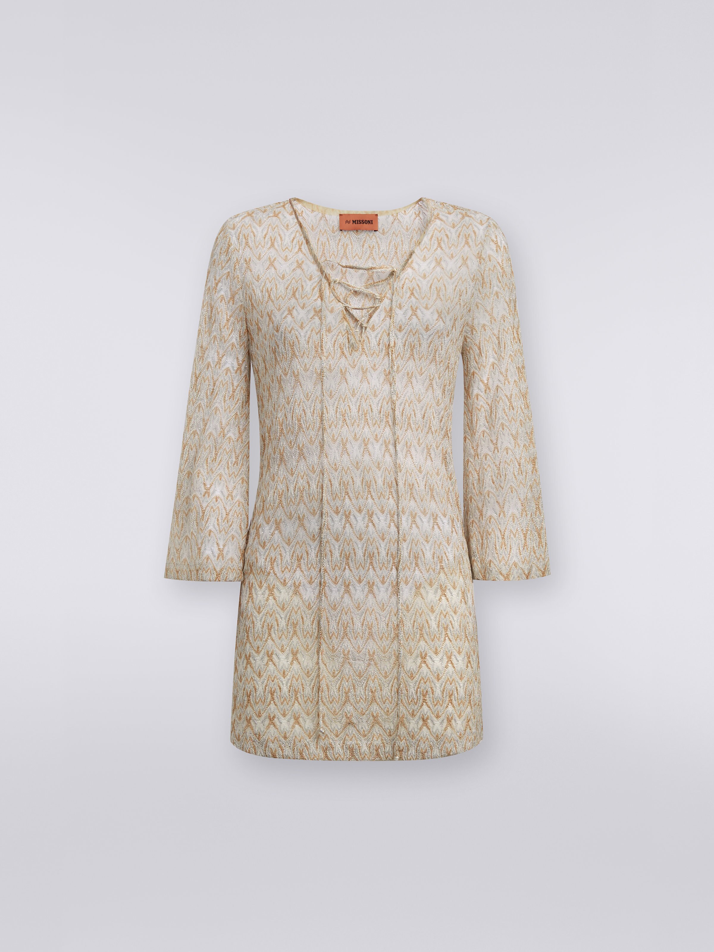 Short knitted kaftan cover up with lurex, Gold - 0