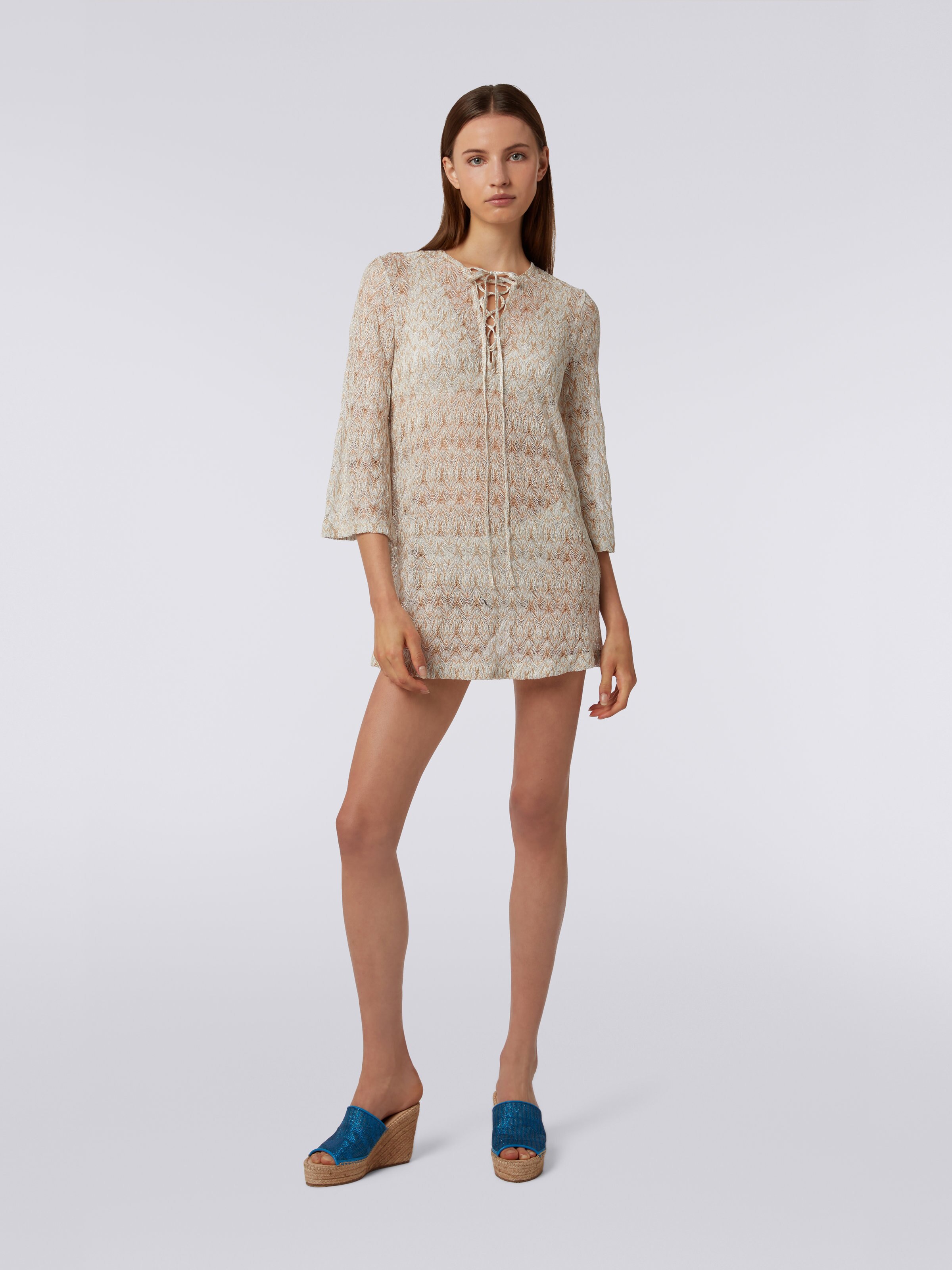 Short knitted kaftan cover up with lurex, Gold - 1