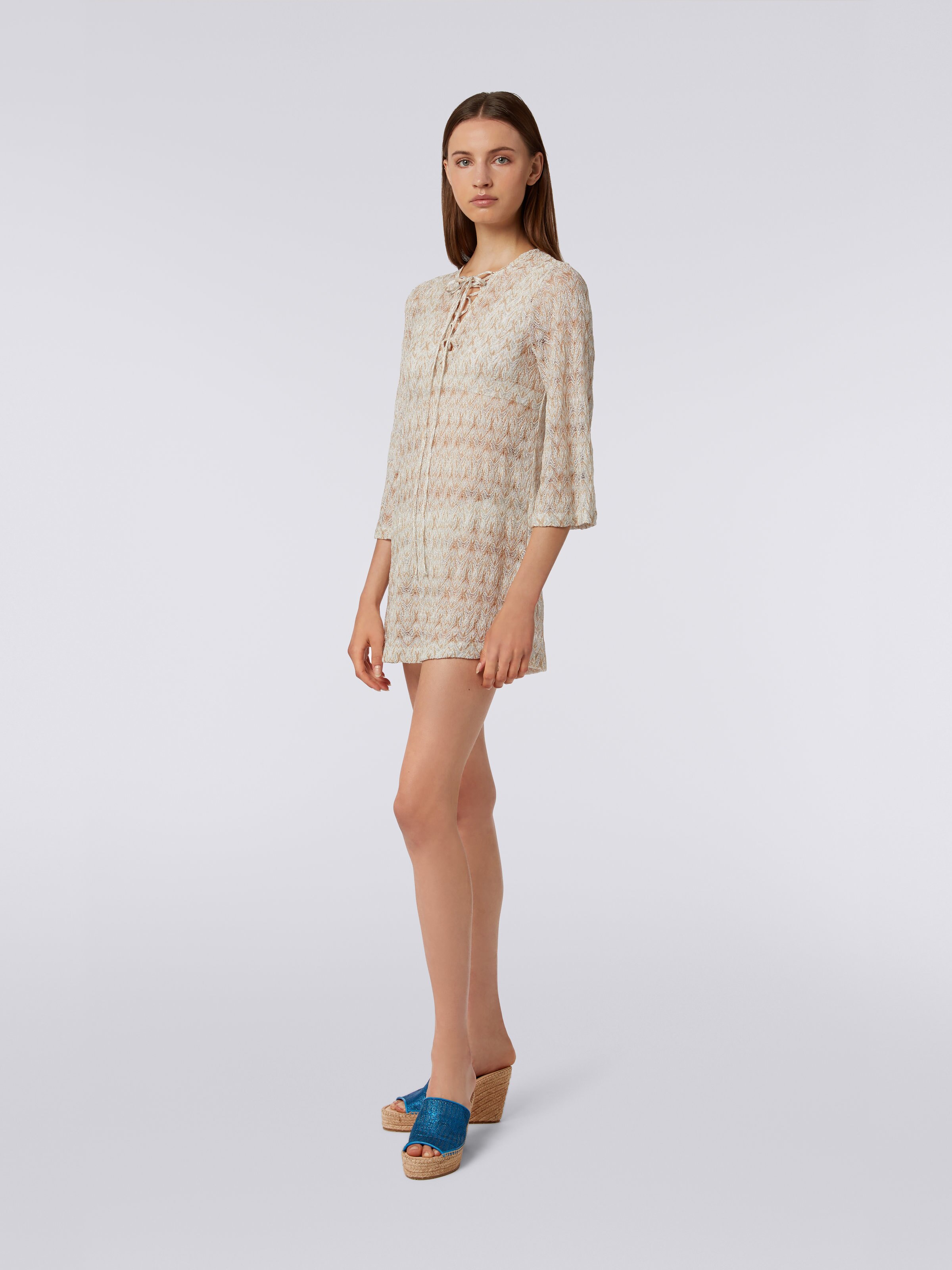 Short knitted kaftan cover up with lurex, Gold - 2