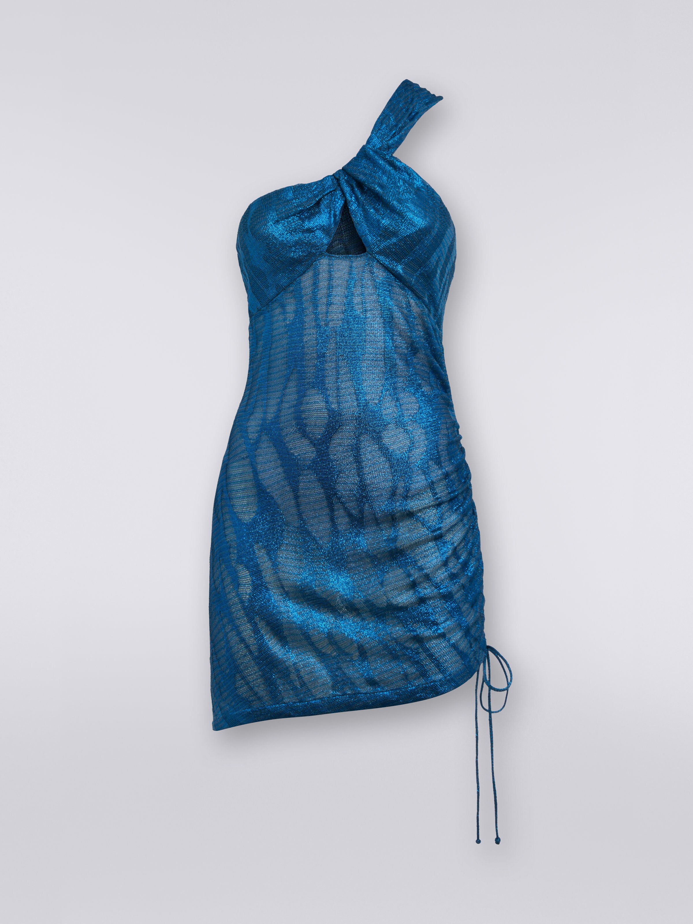Short one-shoulder cover up in jacquard viscose knit, Blue - 0