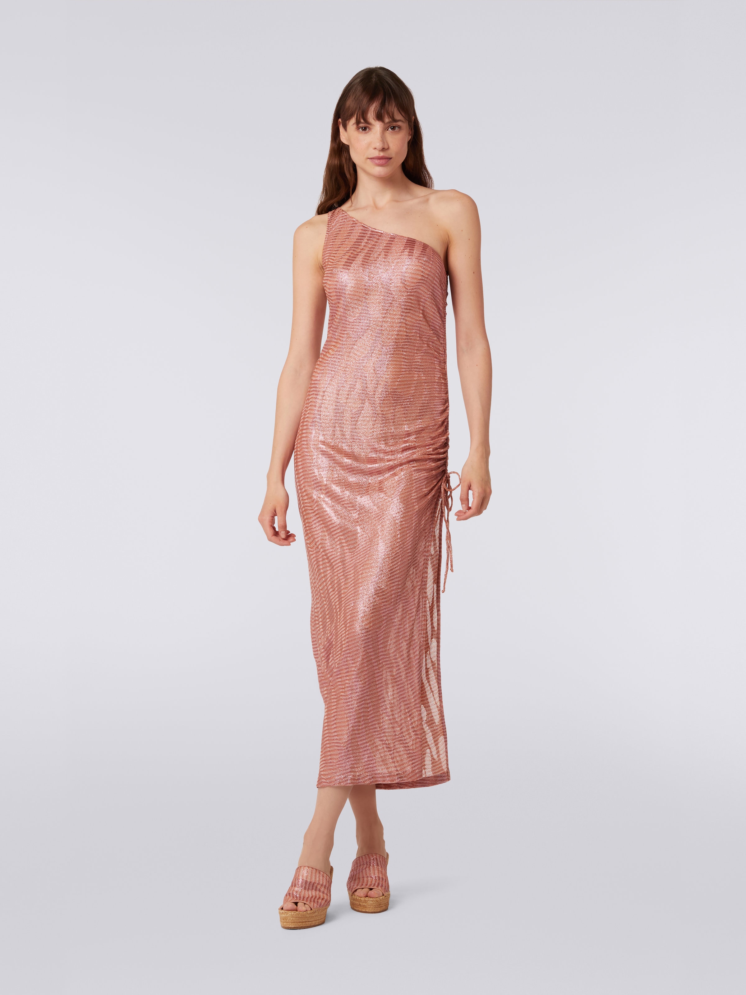 Long one-shoulder cover up in jacquard viscose knit, Pink - 1