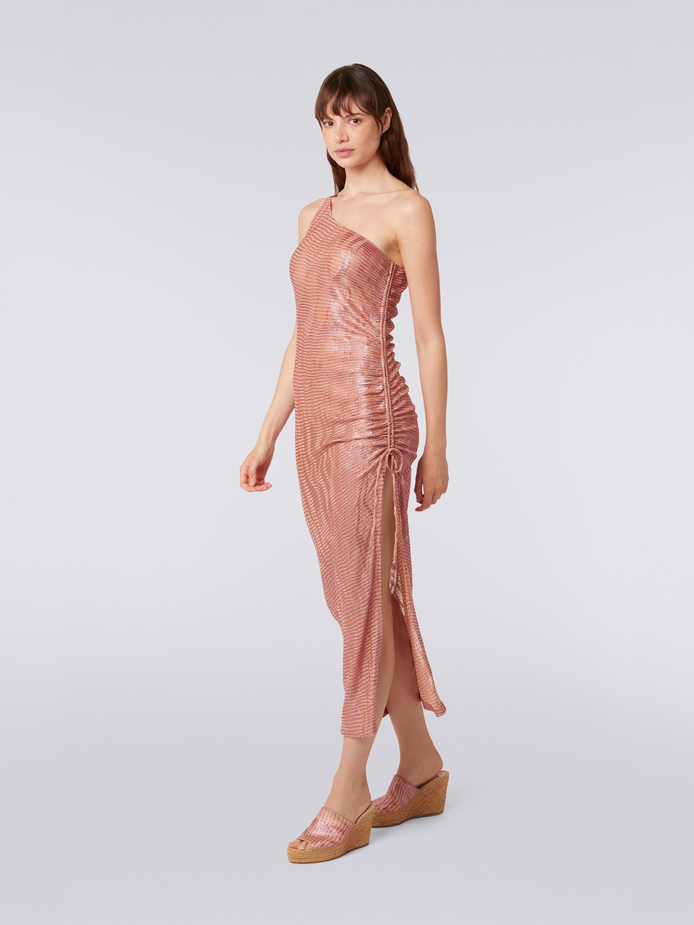 Long one-shoulder cover up in jacquard viscose knit, Pink - 2
