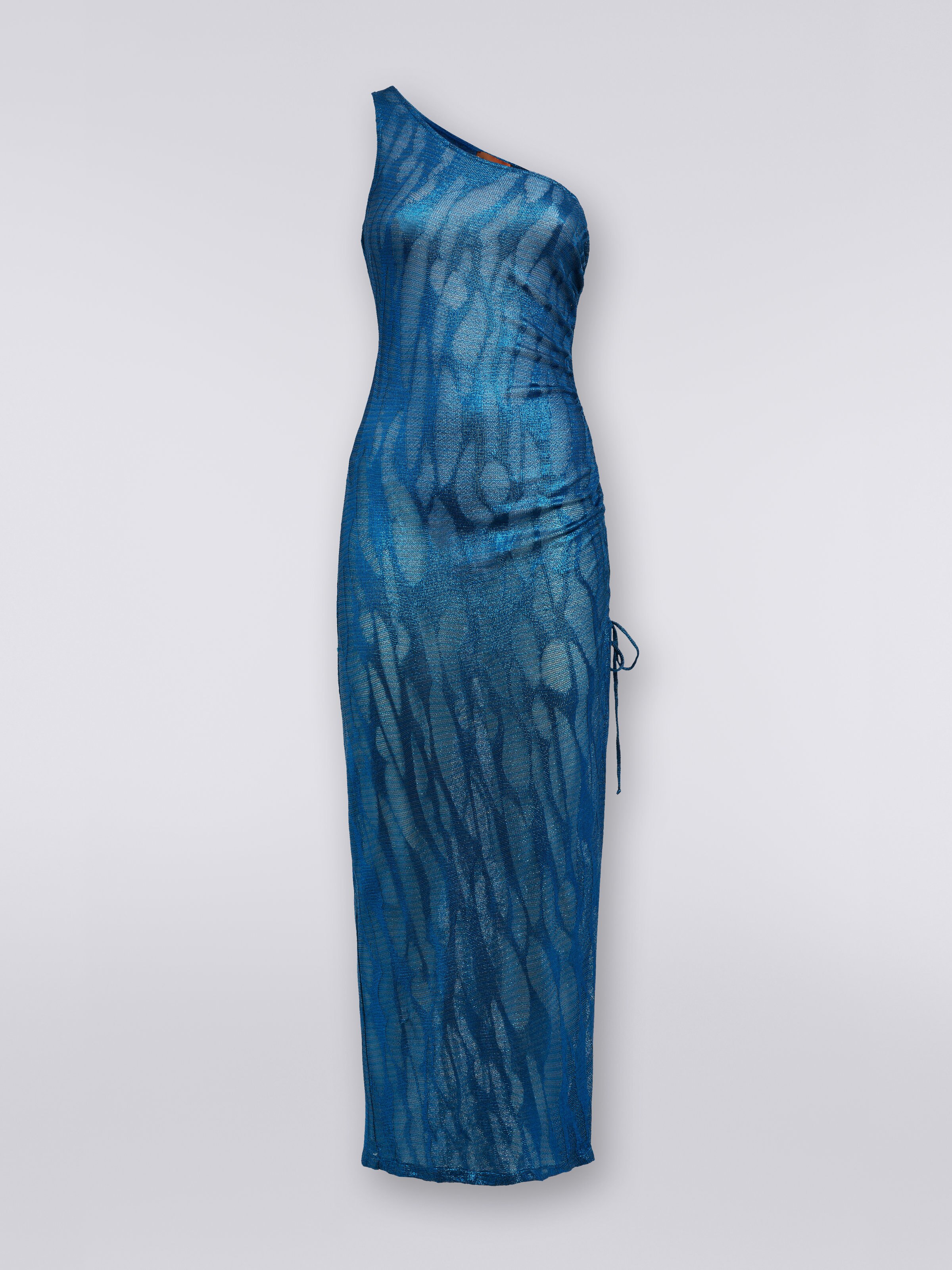 Long one-shoulder cover up in jacquard viscose knit, Blue - 0