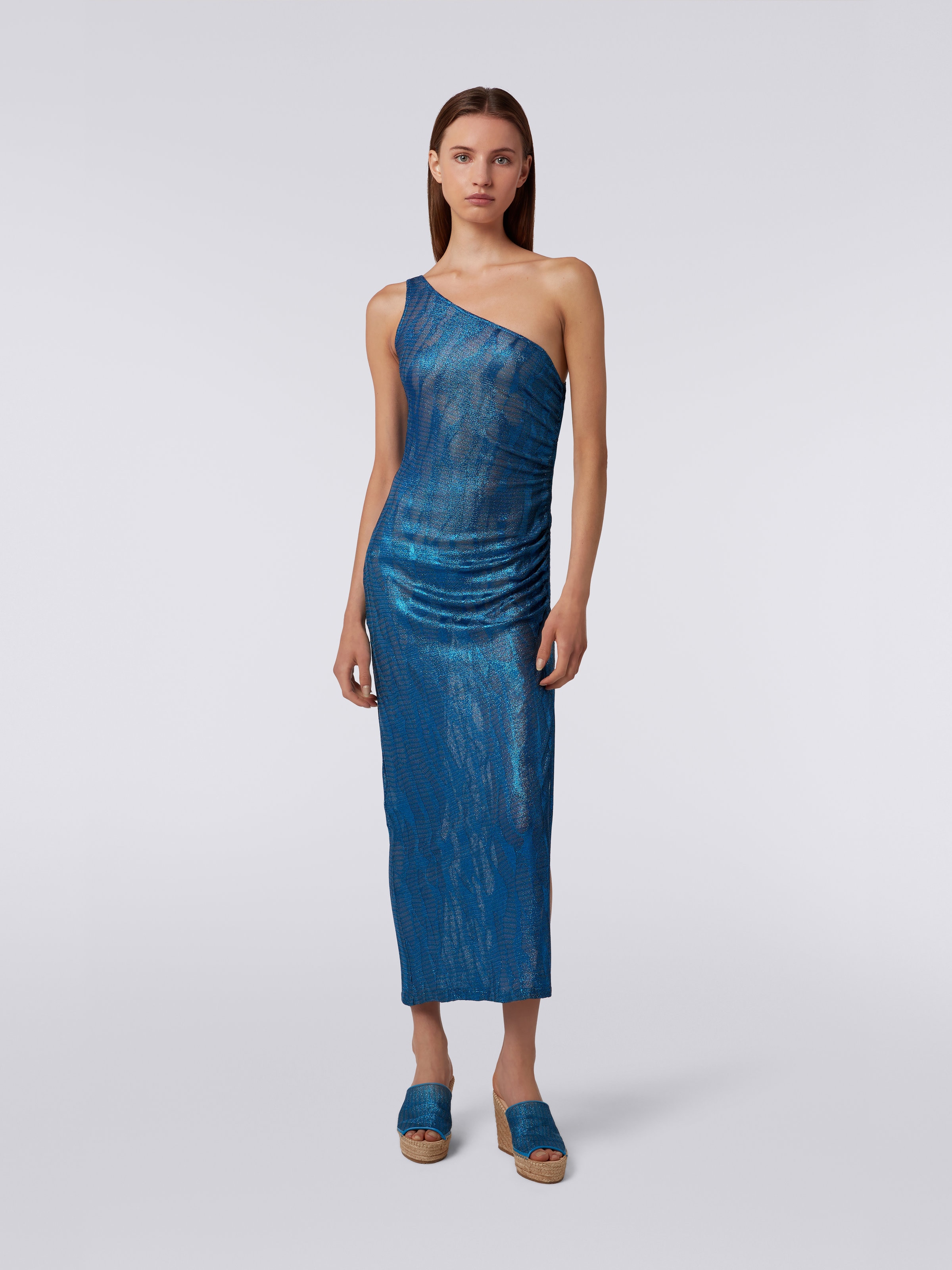 Long one-shoulder cover up in jacquard viscose knit, Blue - 1