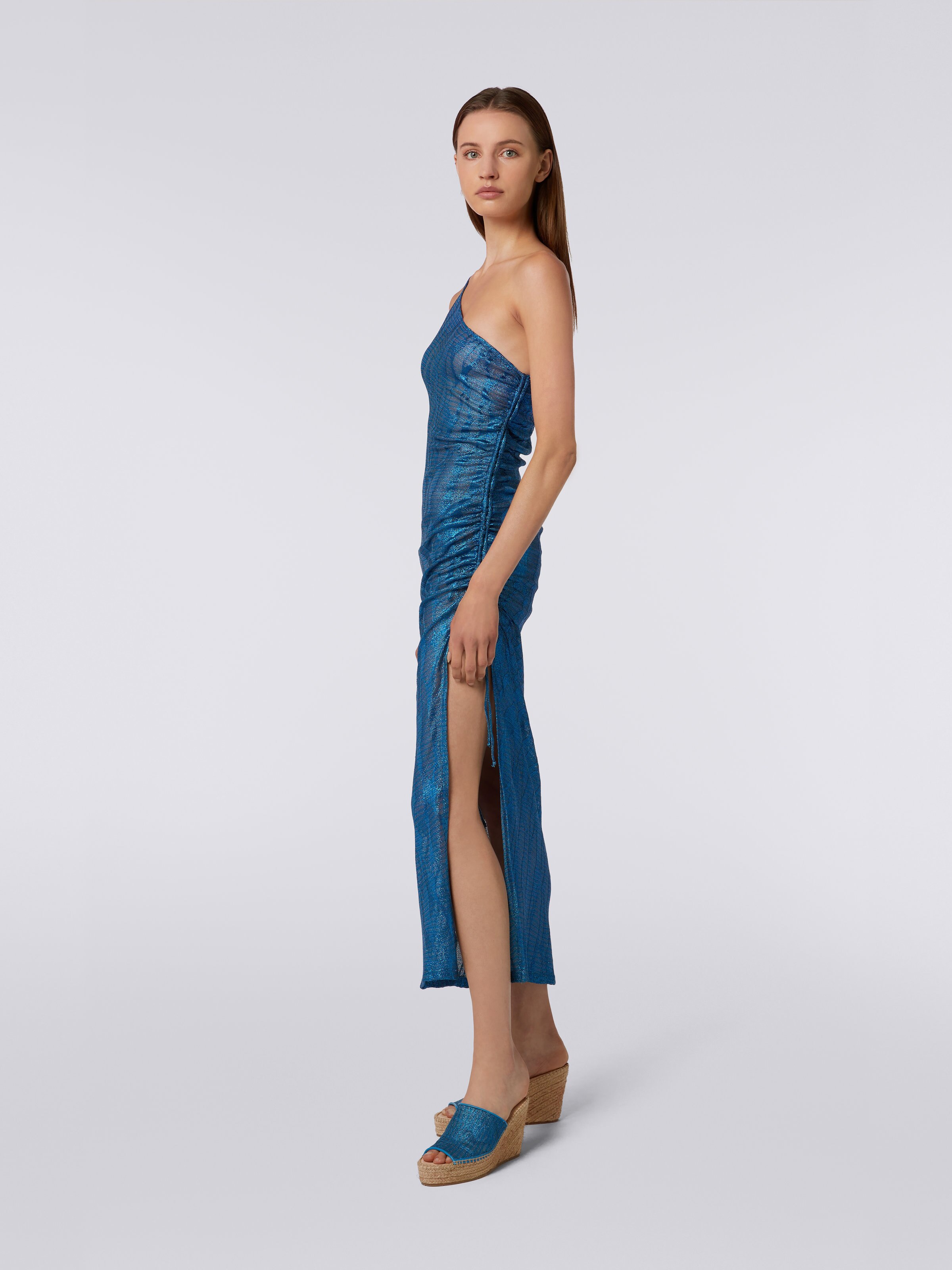 Cache-maillot long à épaule nue en maille de viscose jacquard, Bleu - 2