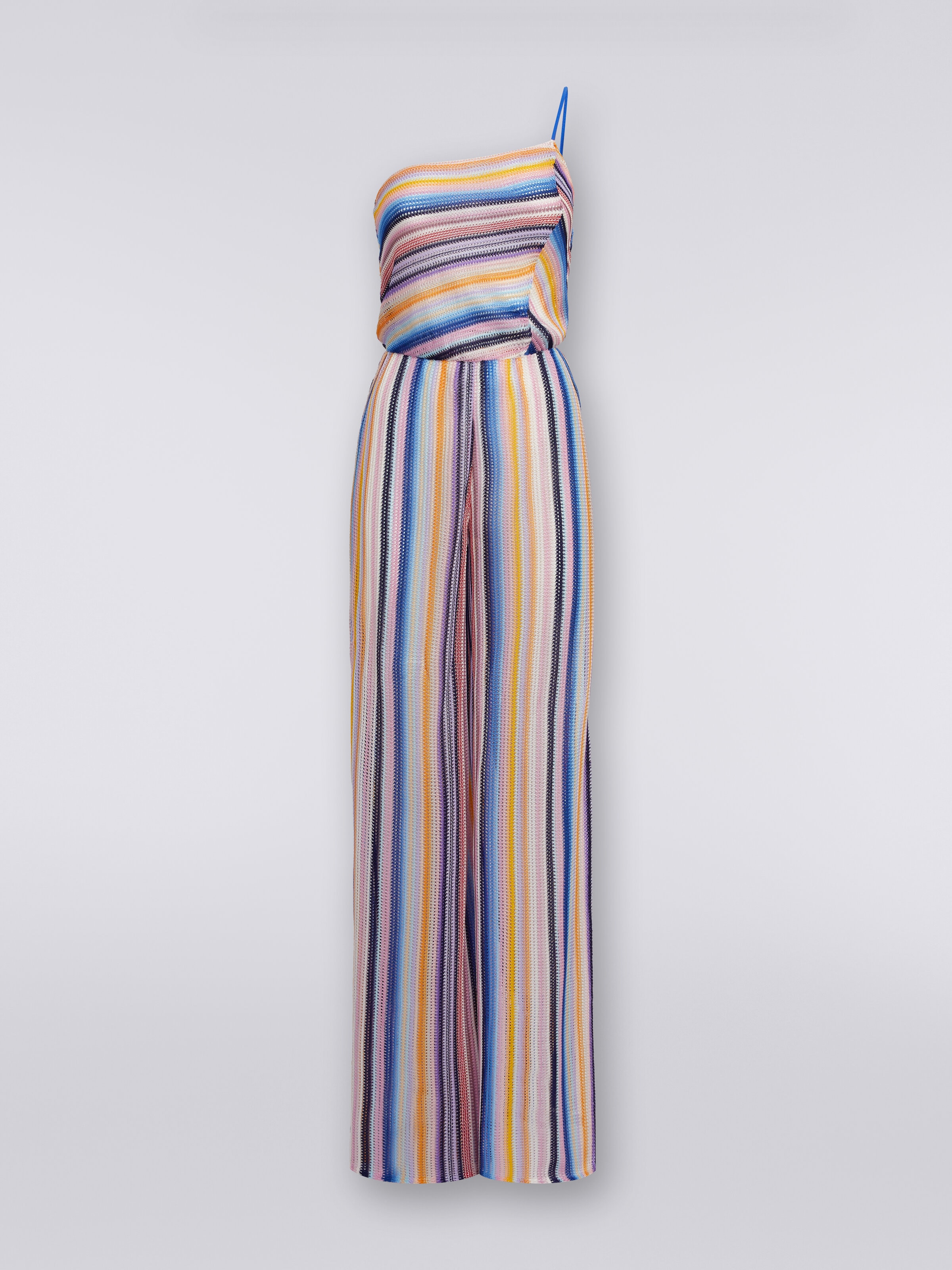 One-shoulder jumpsuit in striped crochet, Multicoloured  - 0