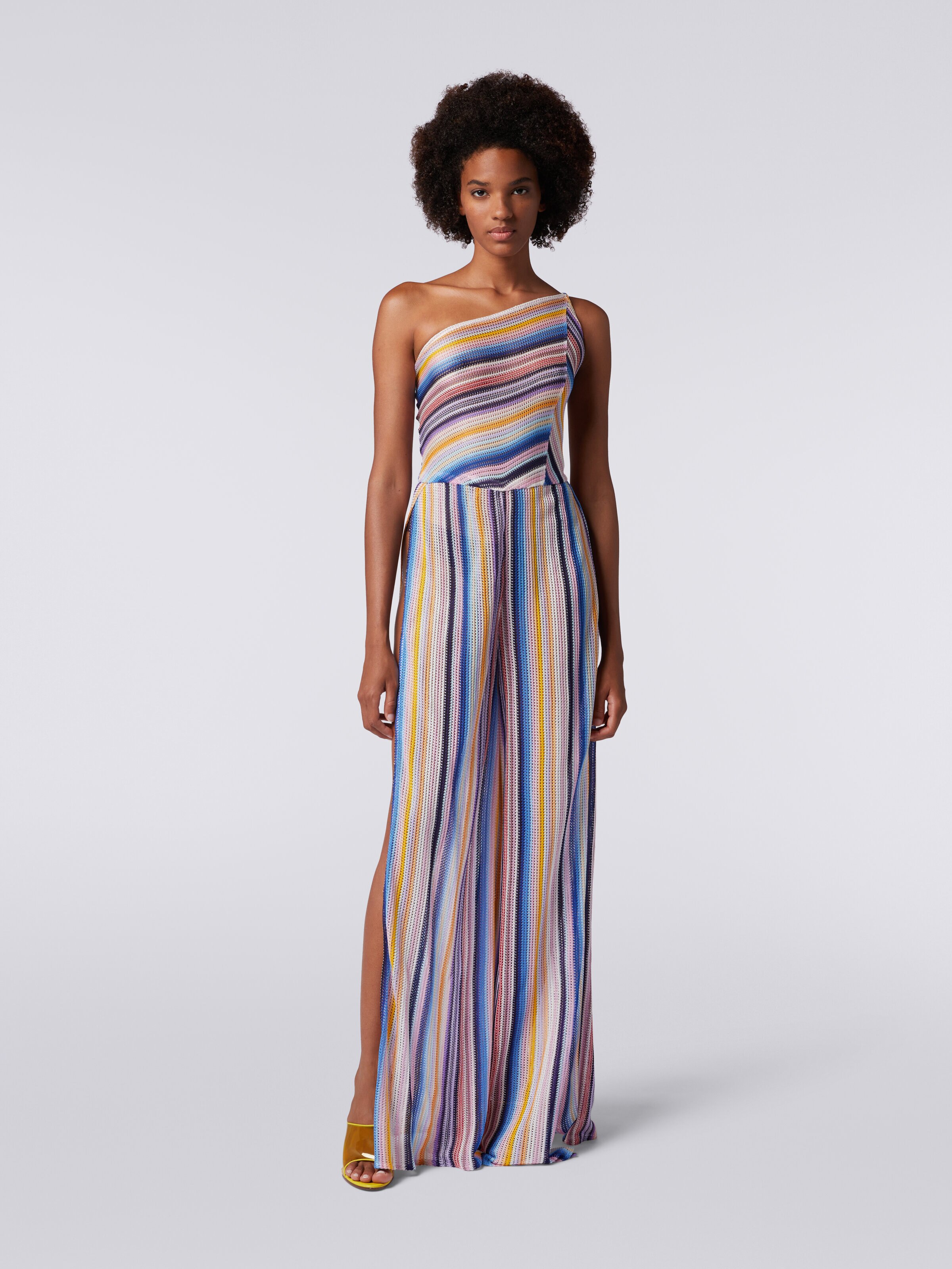 One-shoulder jumpsuit in striped crochet, Multicoloured  - 1