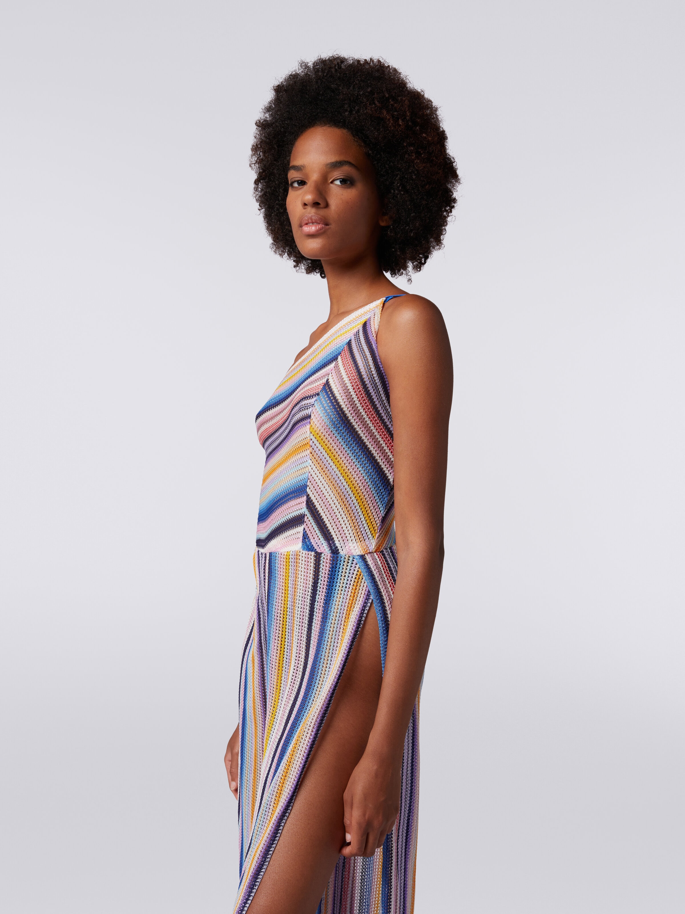 One-shoulder jumpsuit in striped crochet, Multicoloured  - 4