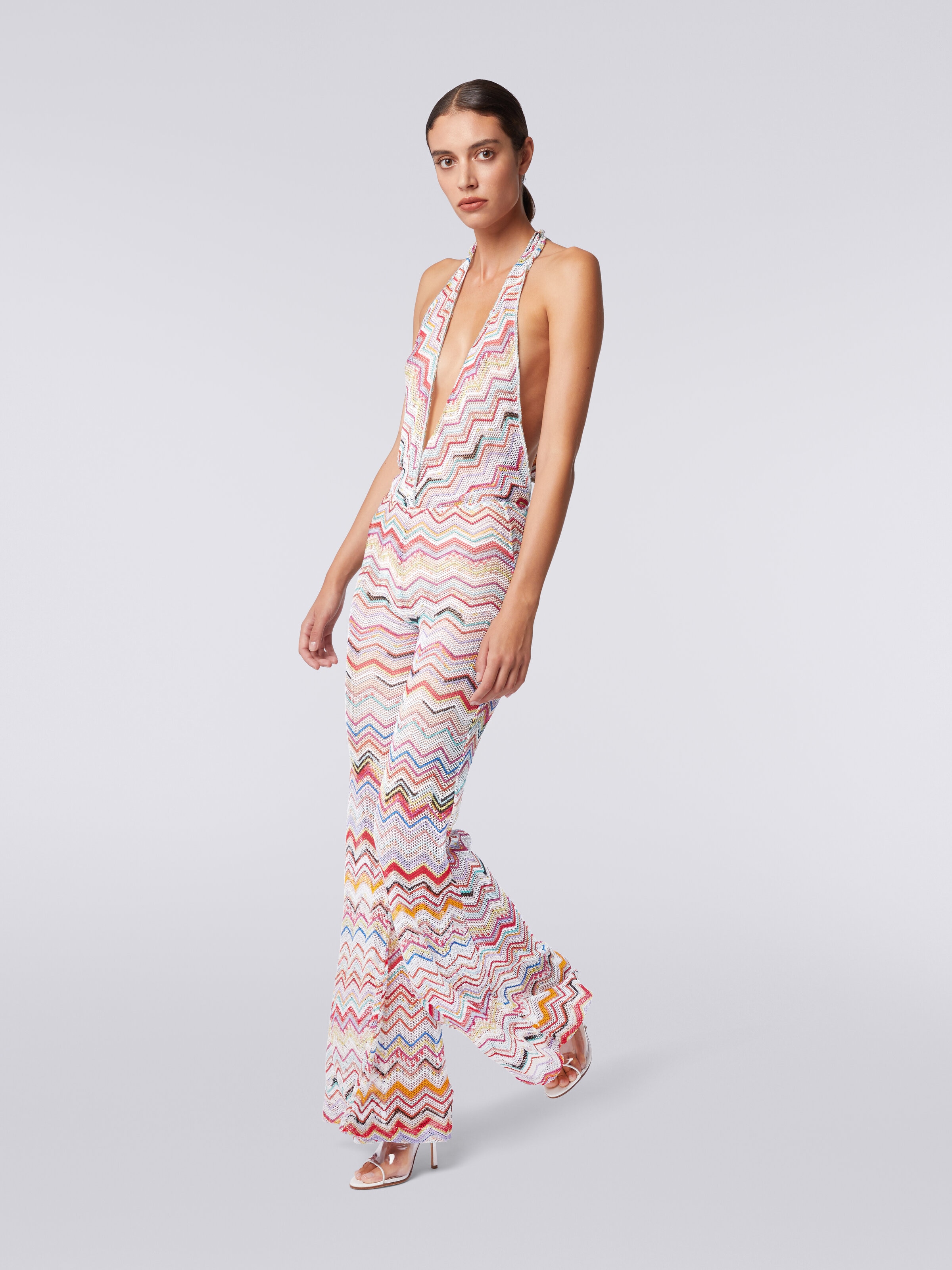Crochet jumpsuit with V neckline, Multicoloured  - 2
