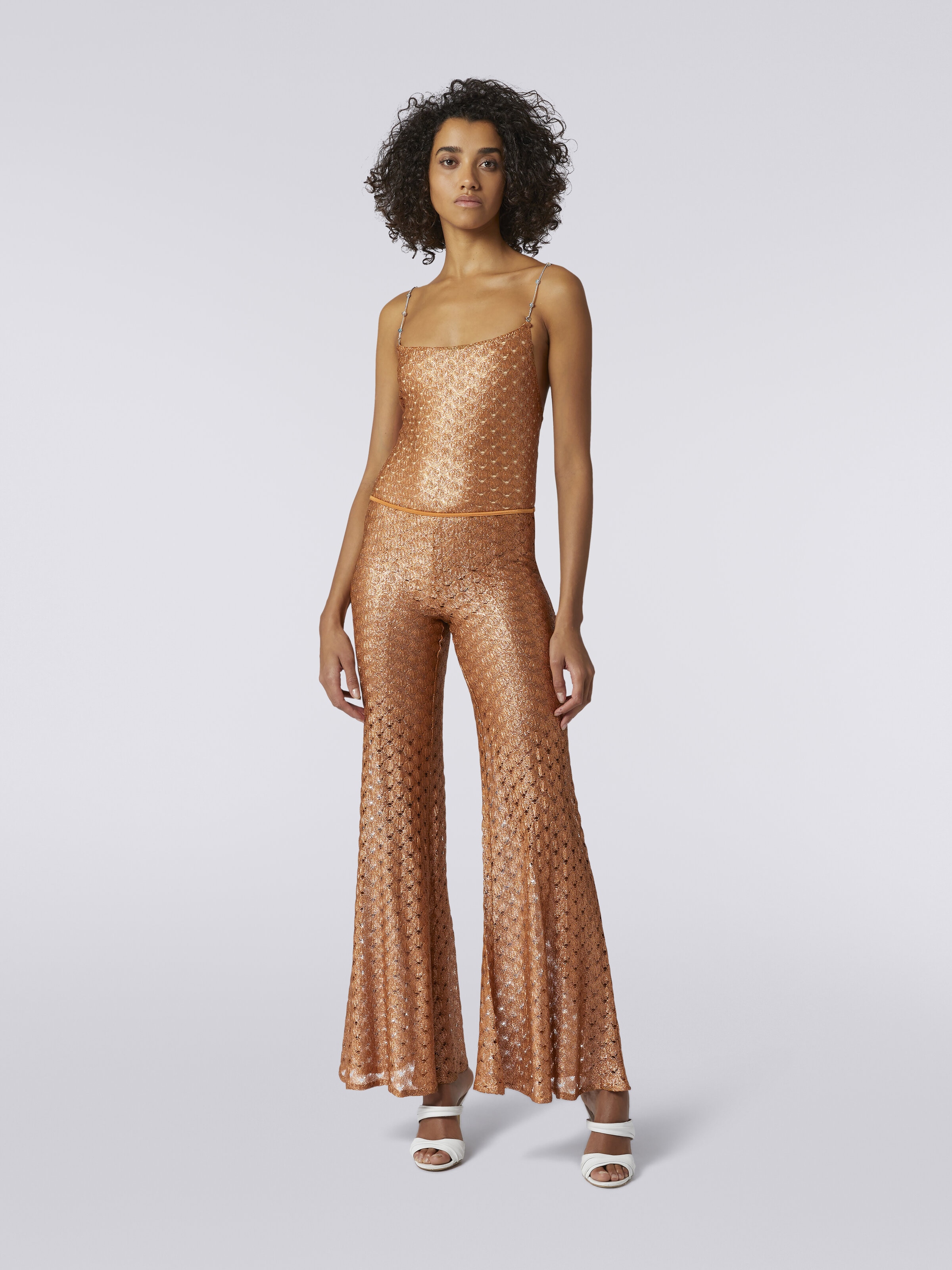 Lace-effect cover up trousers with flared hem, Brown Lamé - 1