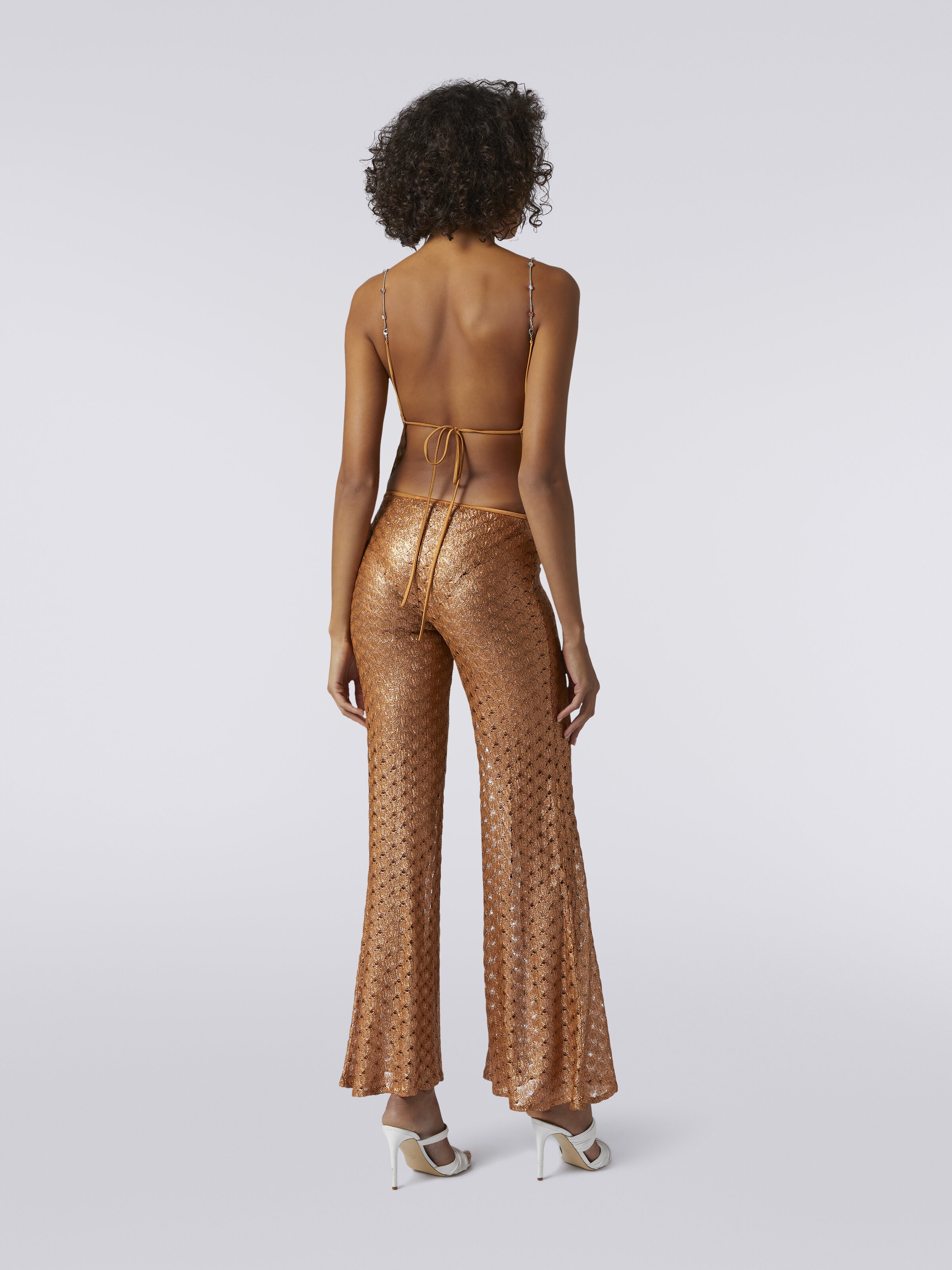 Lace-effect cover up trousers with flared hem, Brown Lamé - 3