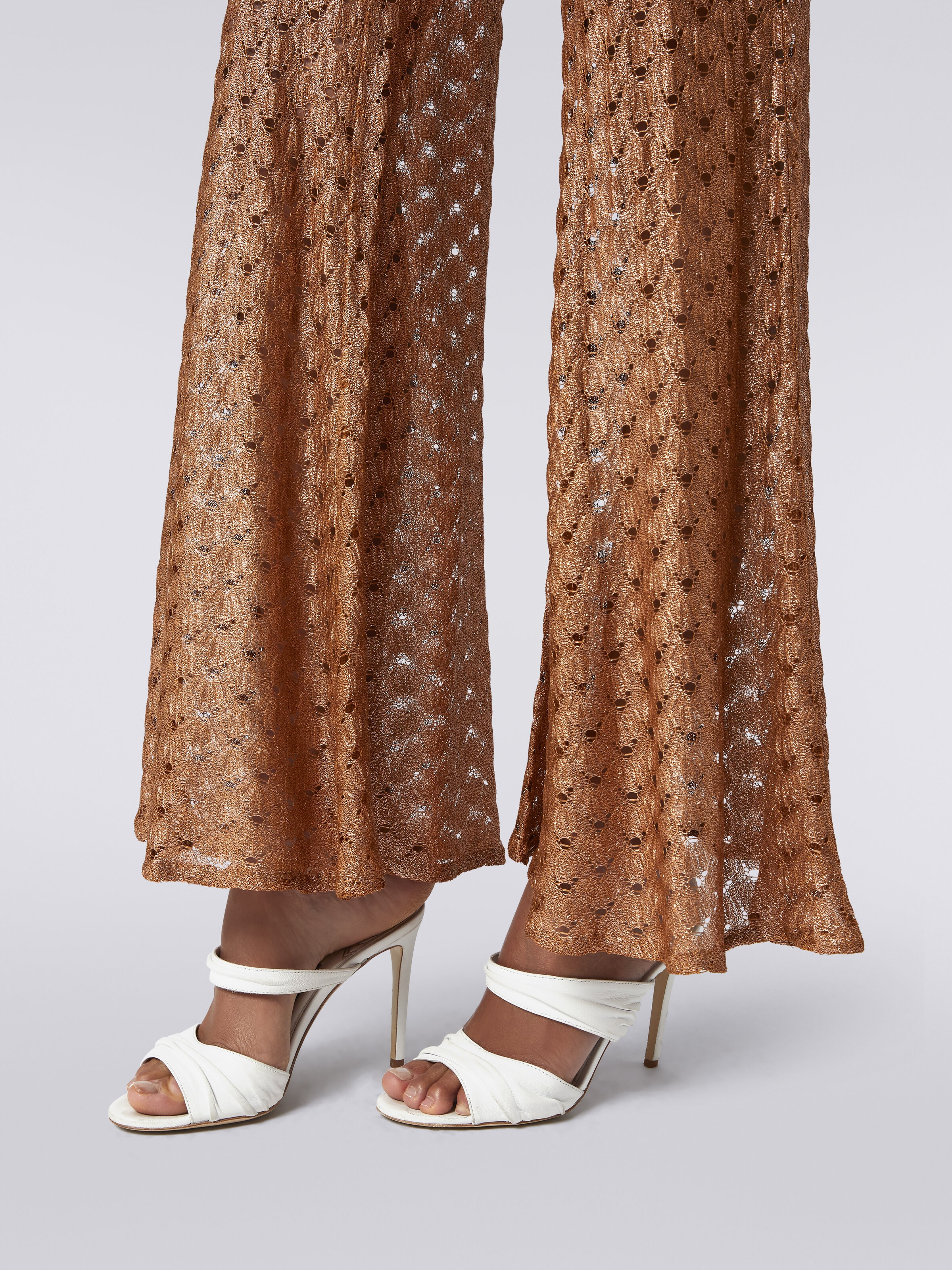 Lace-effect cover up trousers with flared hem, Brown Lamé - 4
