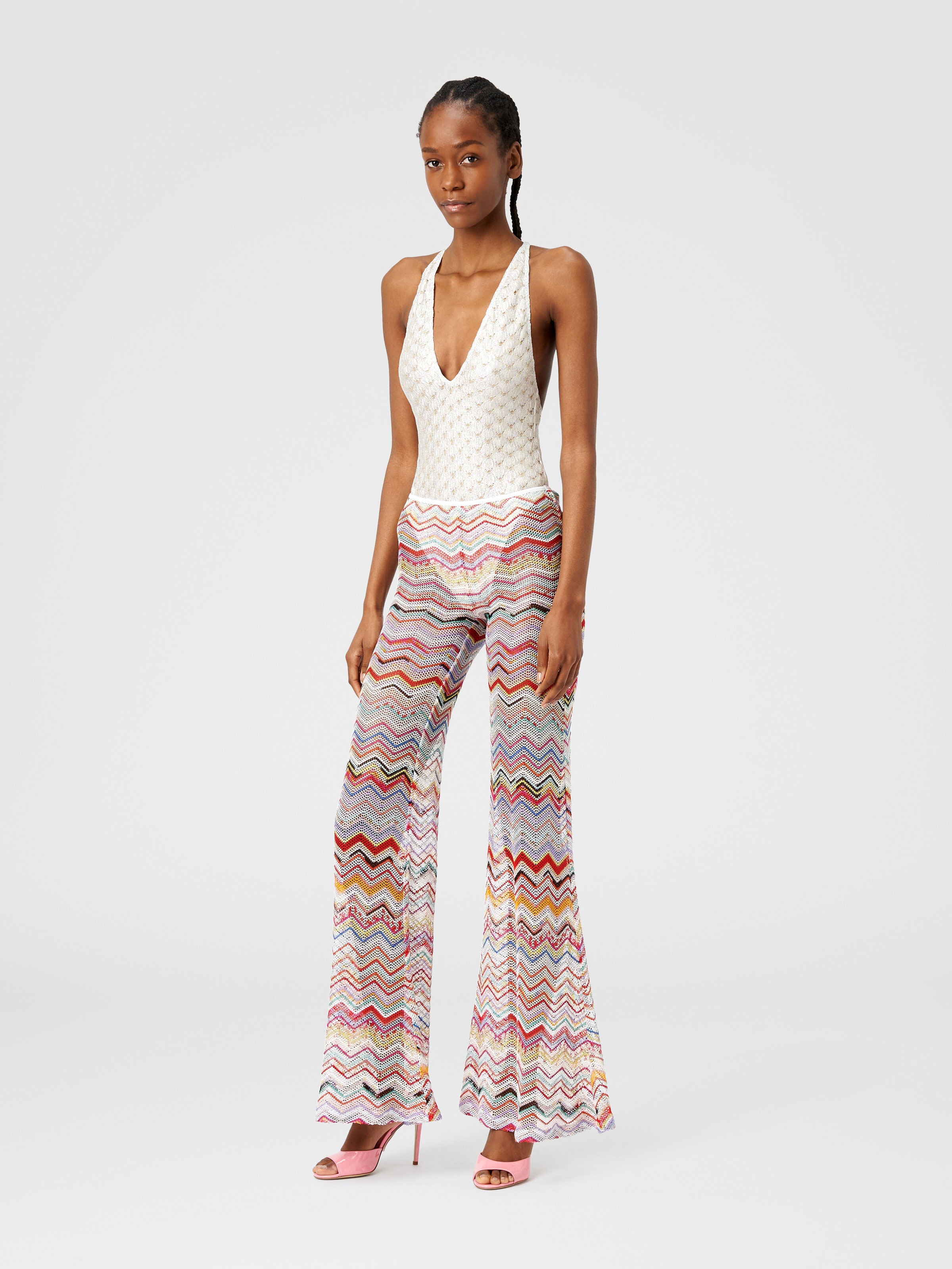 Flared trousers in zigzag crochet with lurex, Multicoloured  - 1