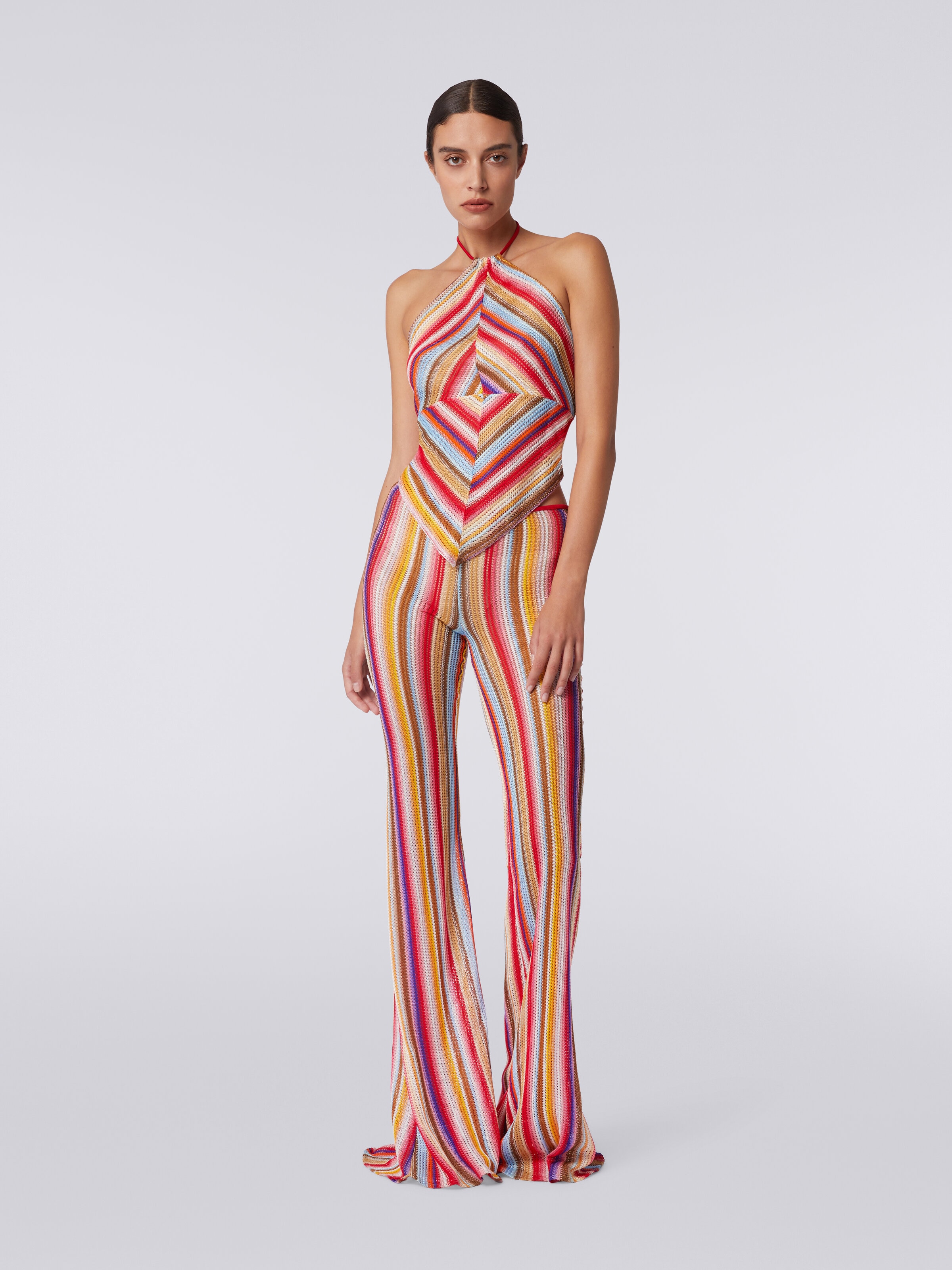 Flared trousers in striped crochet, Multicoloured  - 1