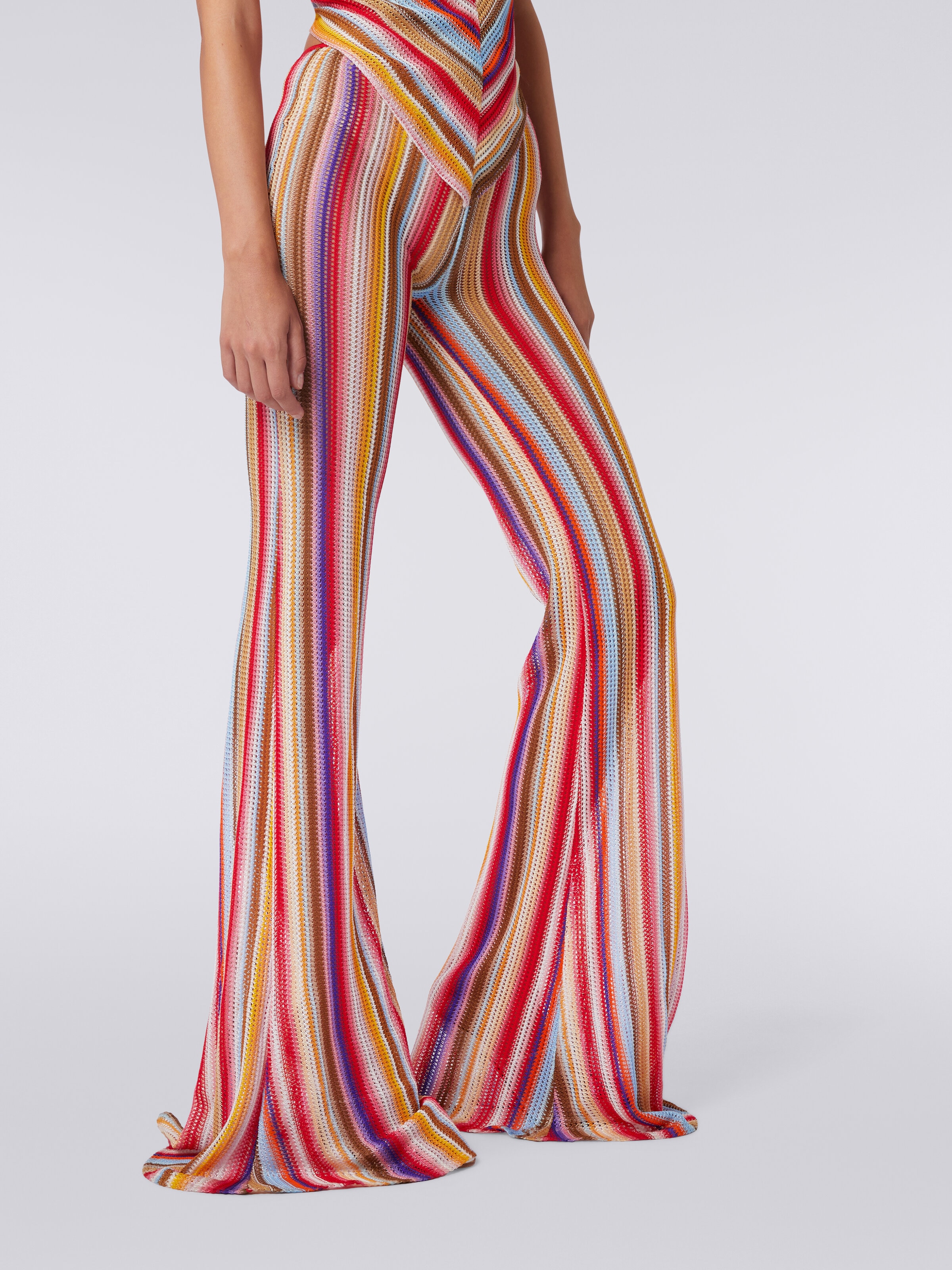 Flared trousers in striped crochet, Multicoloured  - 4