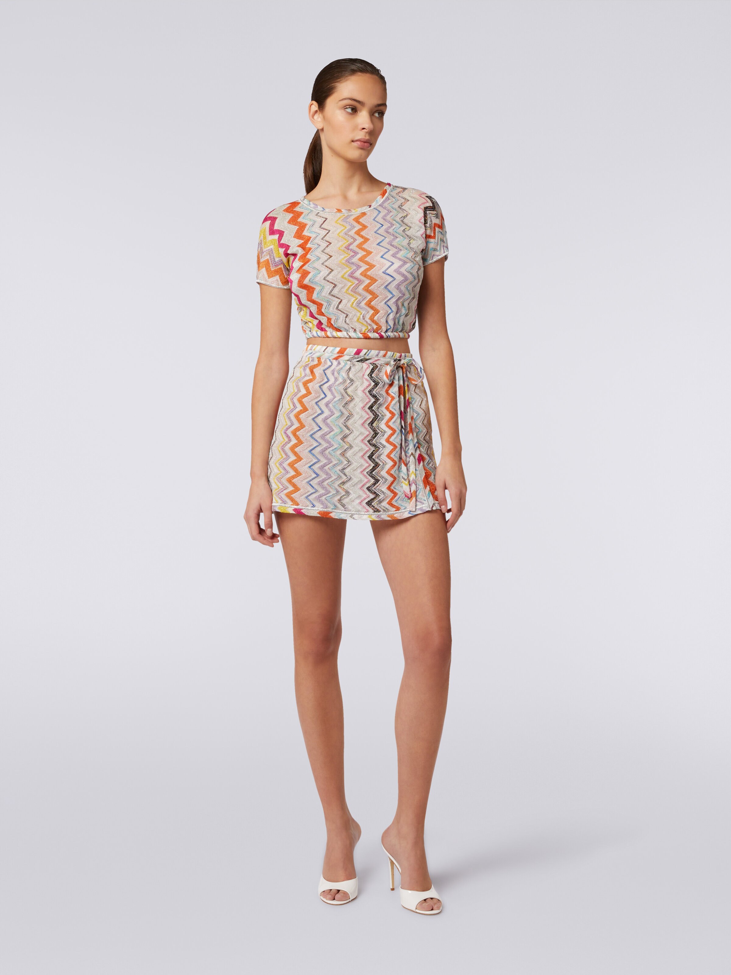 Crop-Top aus Viskosemischgewebe mit Chevronmuster und Lurex, Mehrfarbig  - 1
