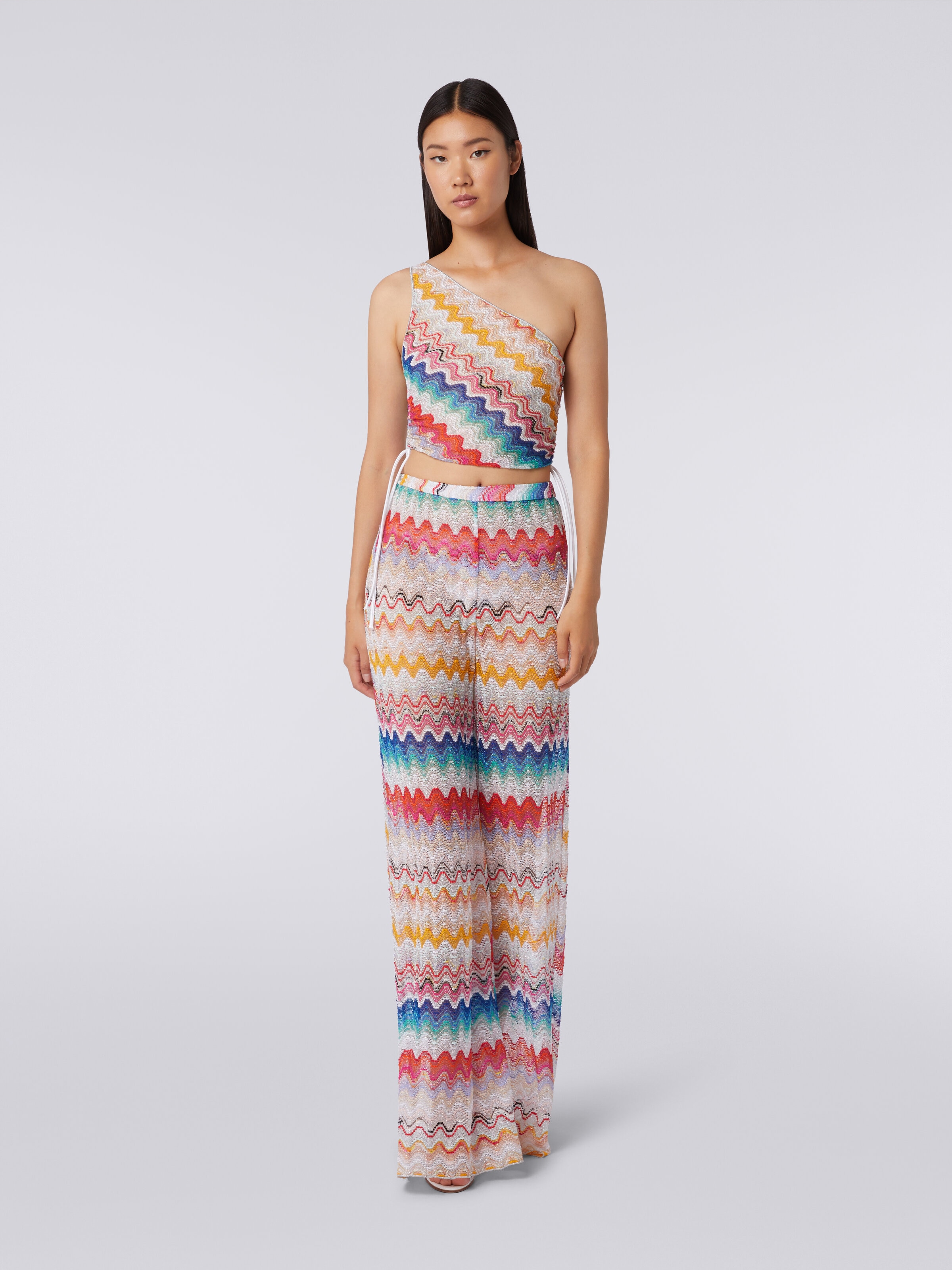 Wave motif one-shoulder top with lurex, Multicoloured  - 1