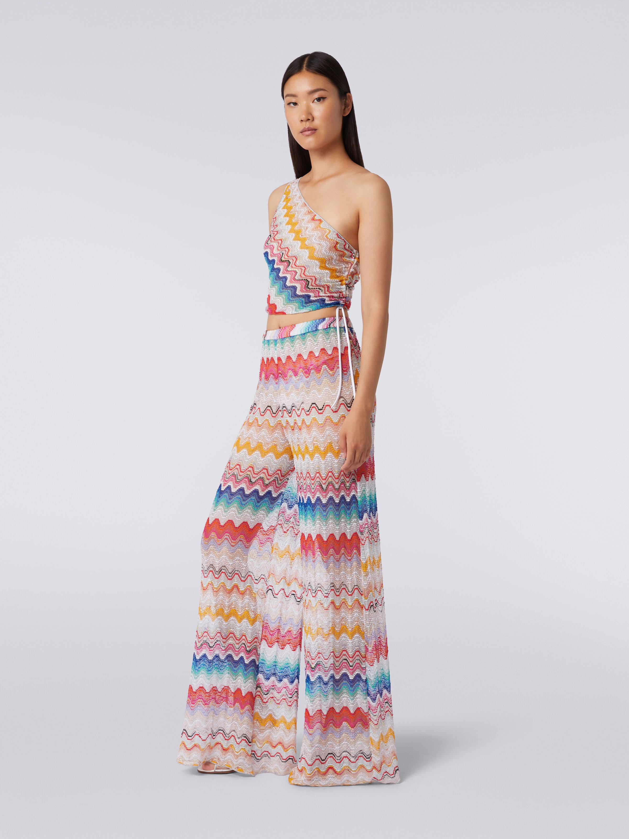 Wave motif one-shoulder top with lurex, Multicoloured  - 2