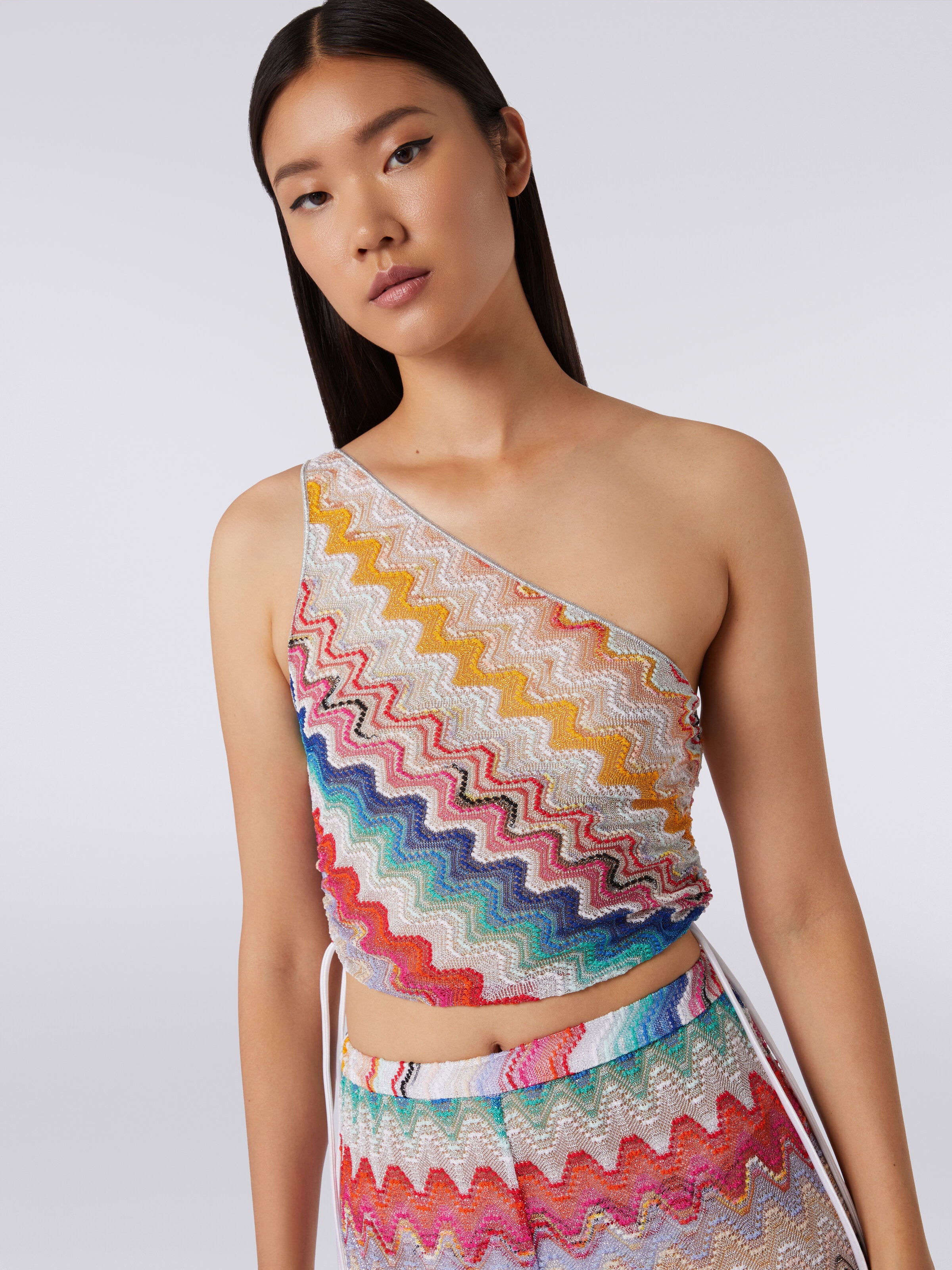 Wave motif one-shoulder top with lurex, Multicoloured  - 4