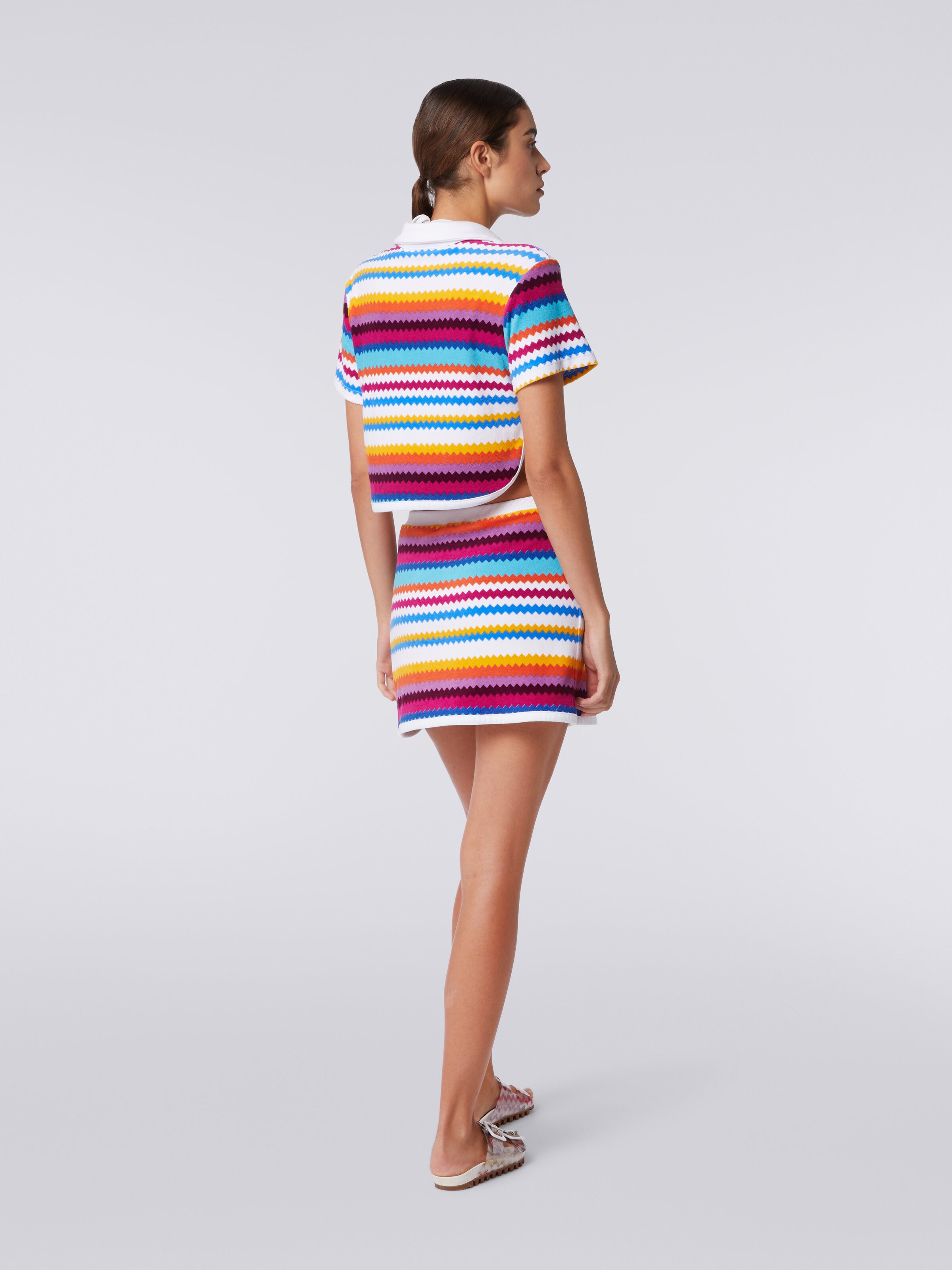 Zigzag terry polo shirt crop top, Multicoloured  - 3